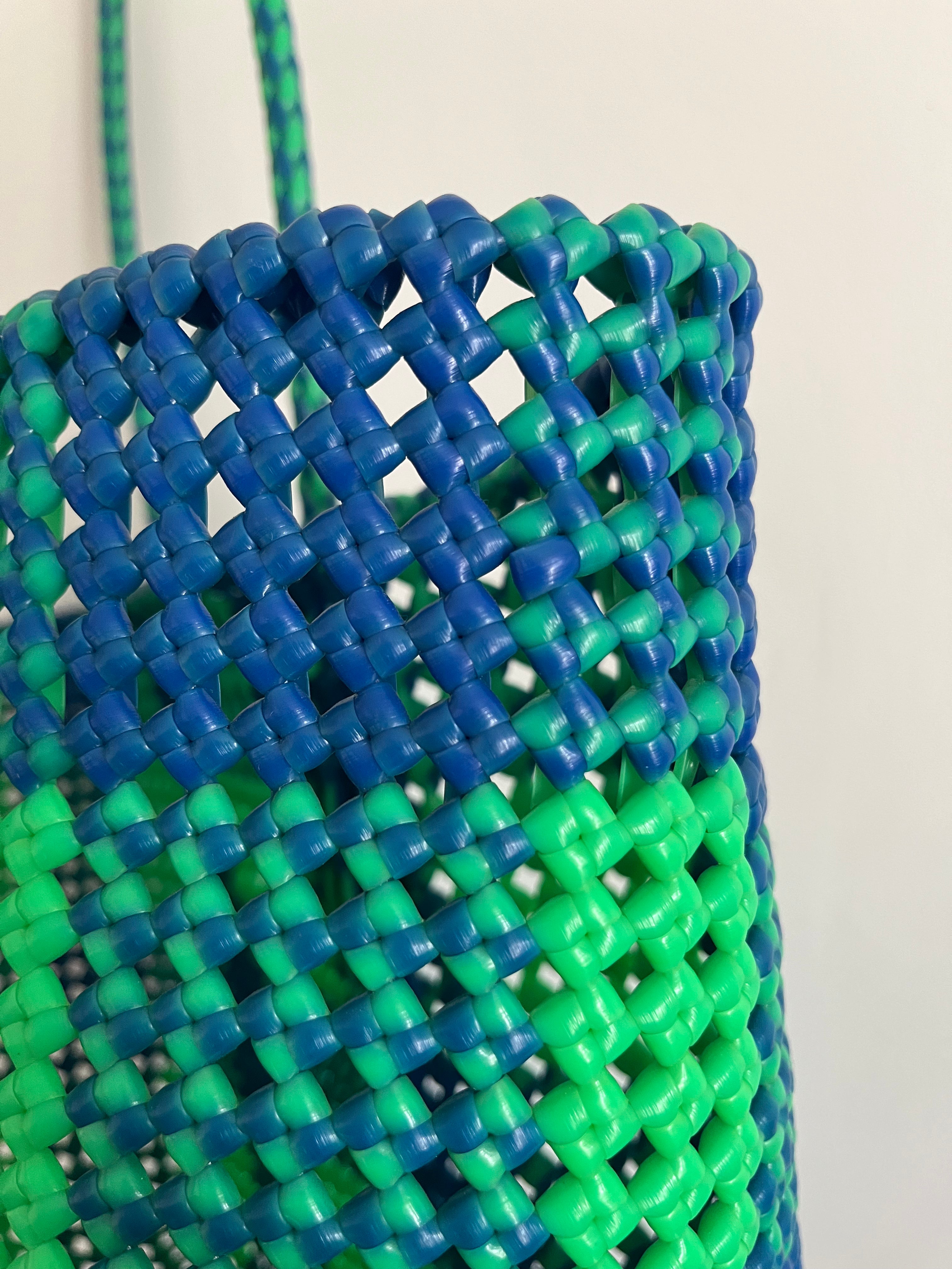 No. 49L - Handwoven basket bag - large - neon green & dark blue
