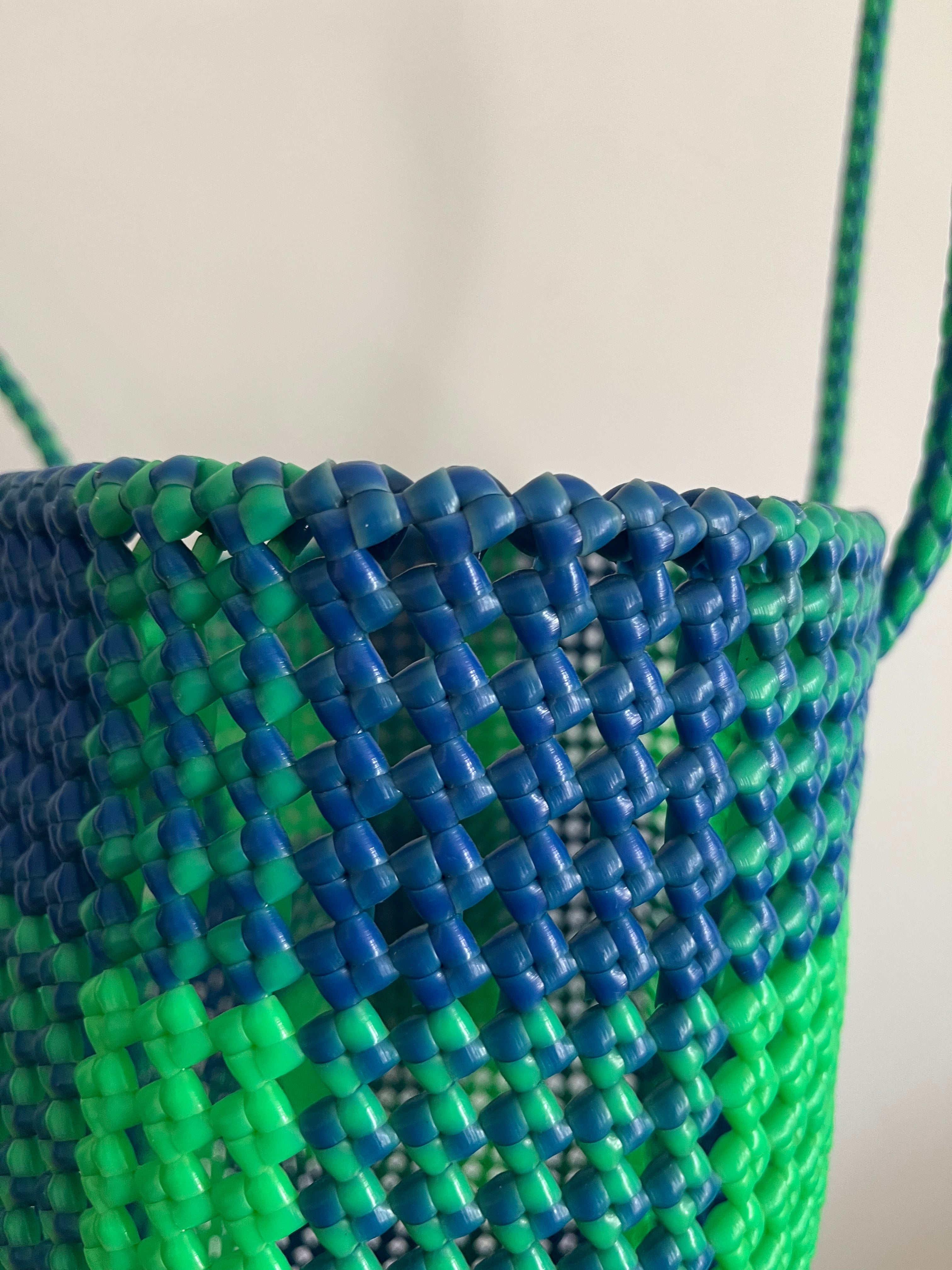 No. 49L - Handwoven basket bag - large - neon green & dark blue