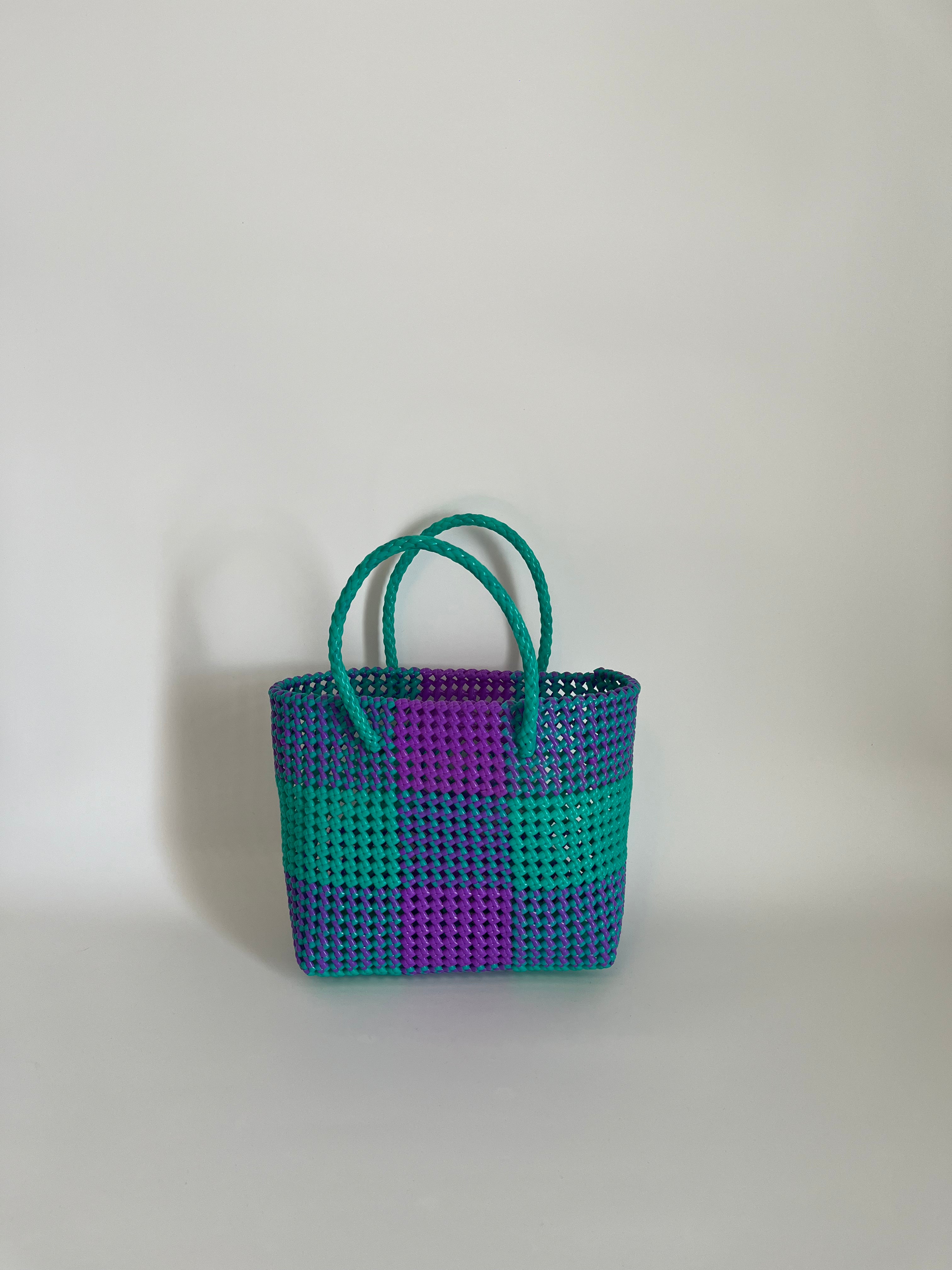 N°3M - SAC PANIER TRESSÉ MAIN - MOYEN - turquoise & violet
