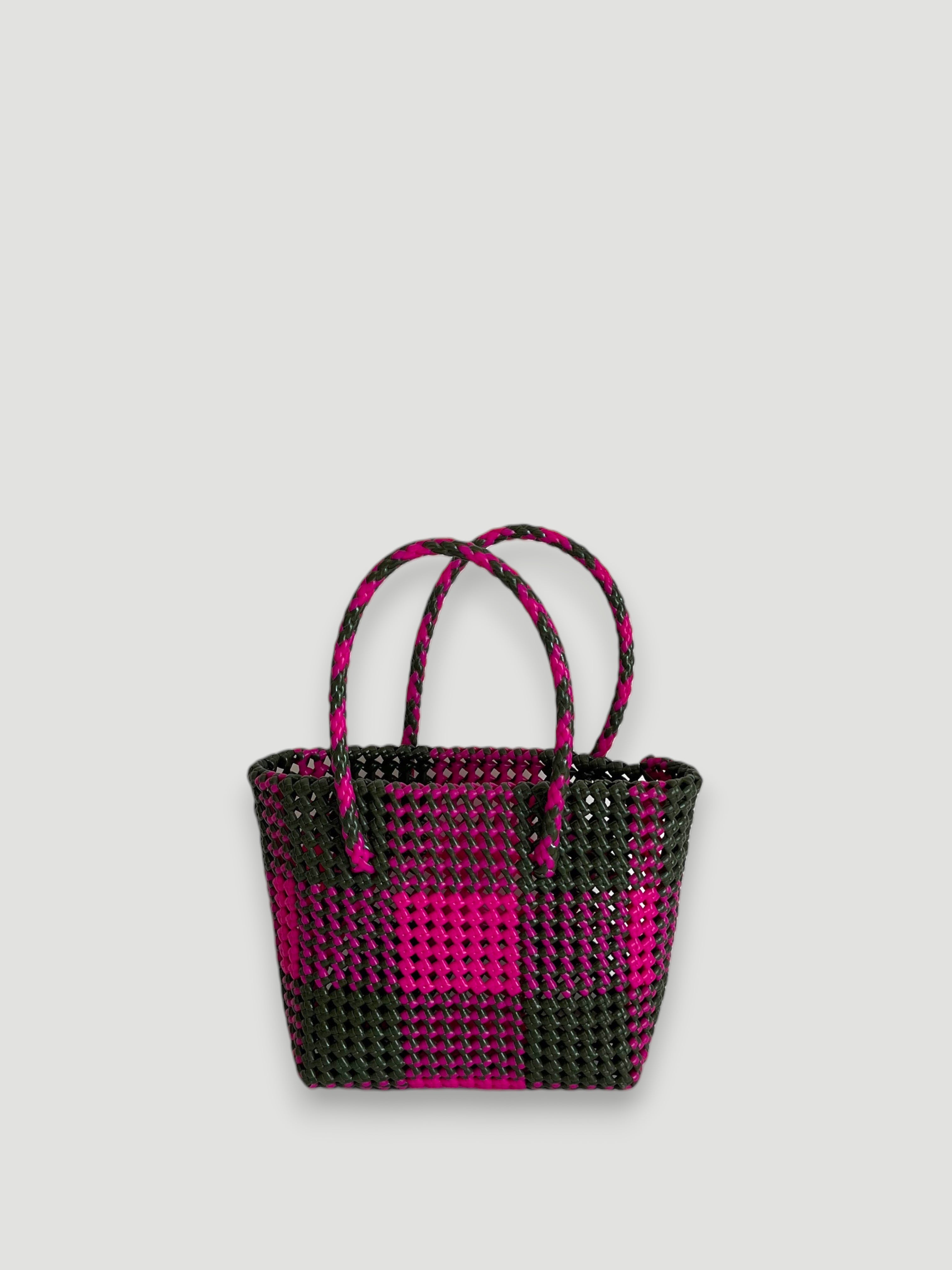 N°153S - SAC PANIER TRESSÉ MAIN - PETIT - kaki & rose foncé