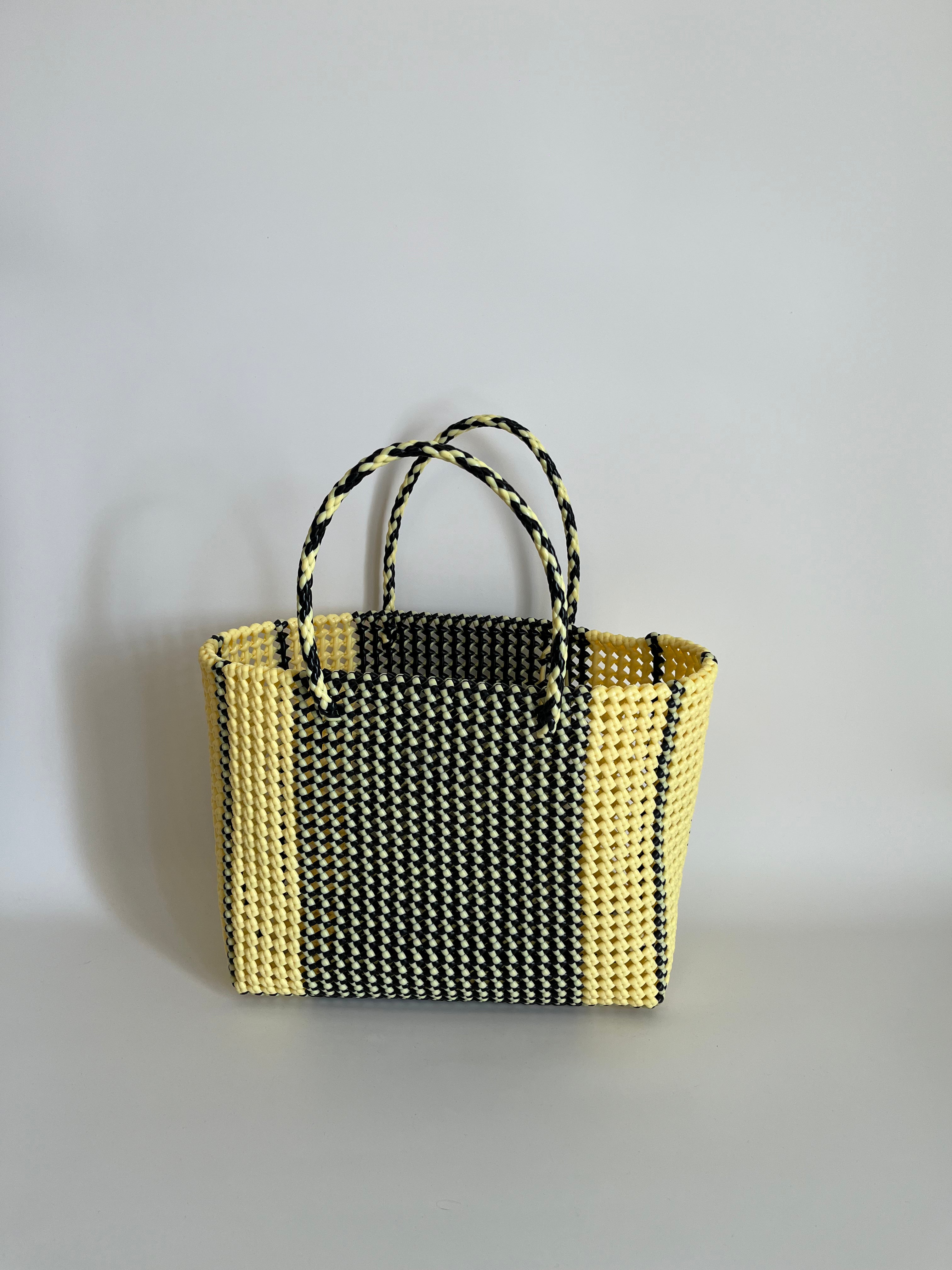 N°154L - SAC PANIER TRESSÉ MAIN - GRAND - noir & crème