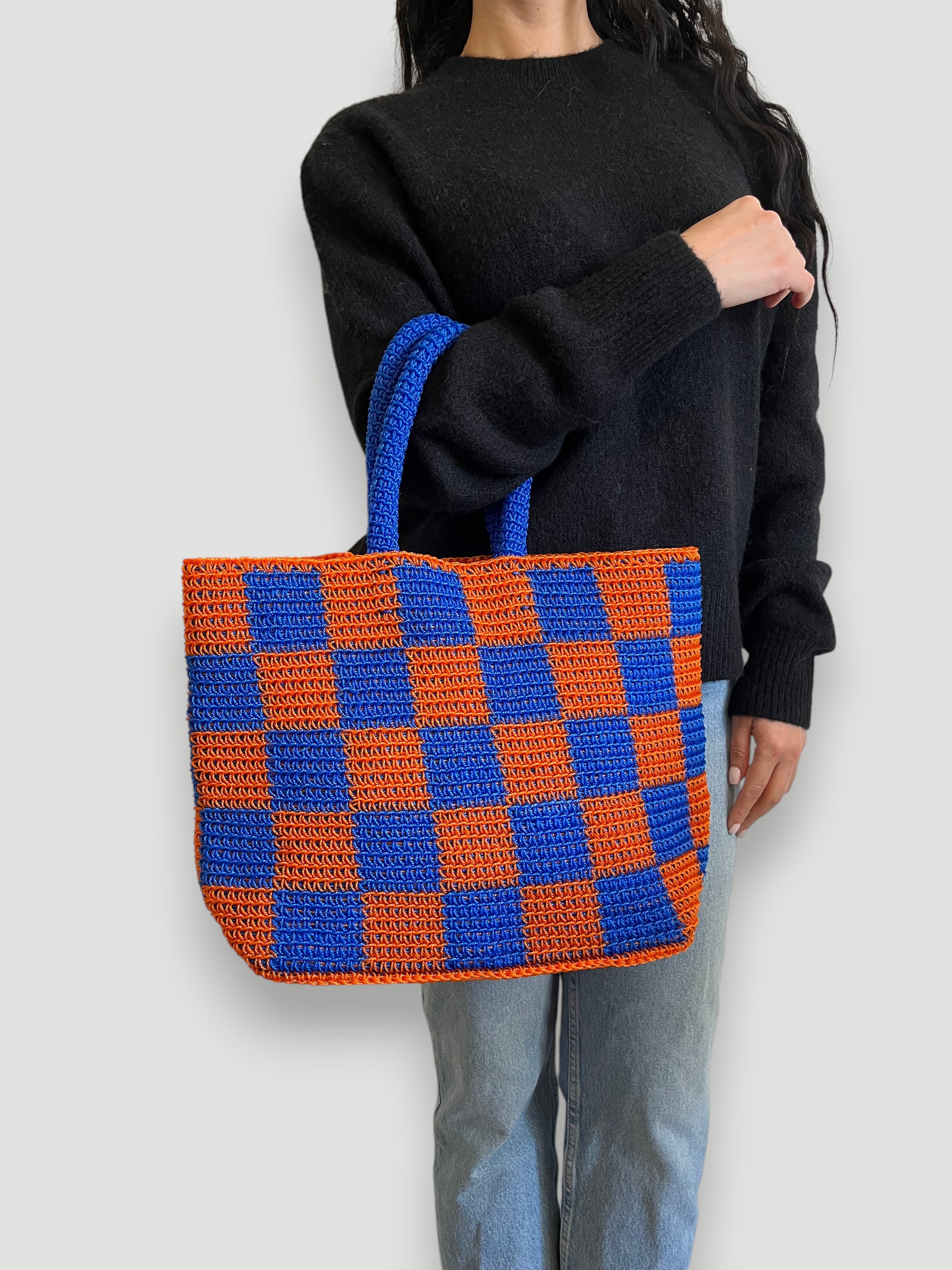 No. 7SC - CROCHET BASKET BAG - Large - Dark Blue & Orange