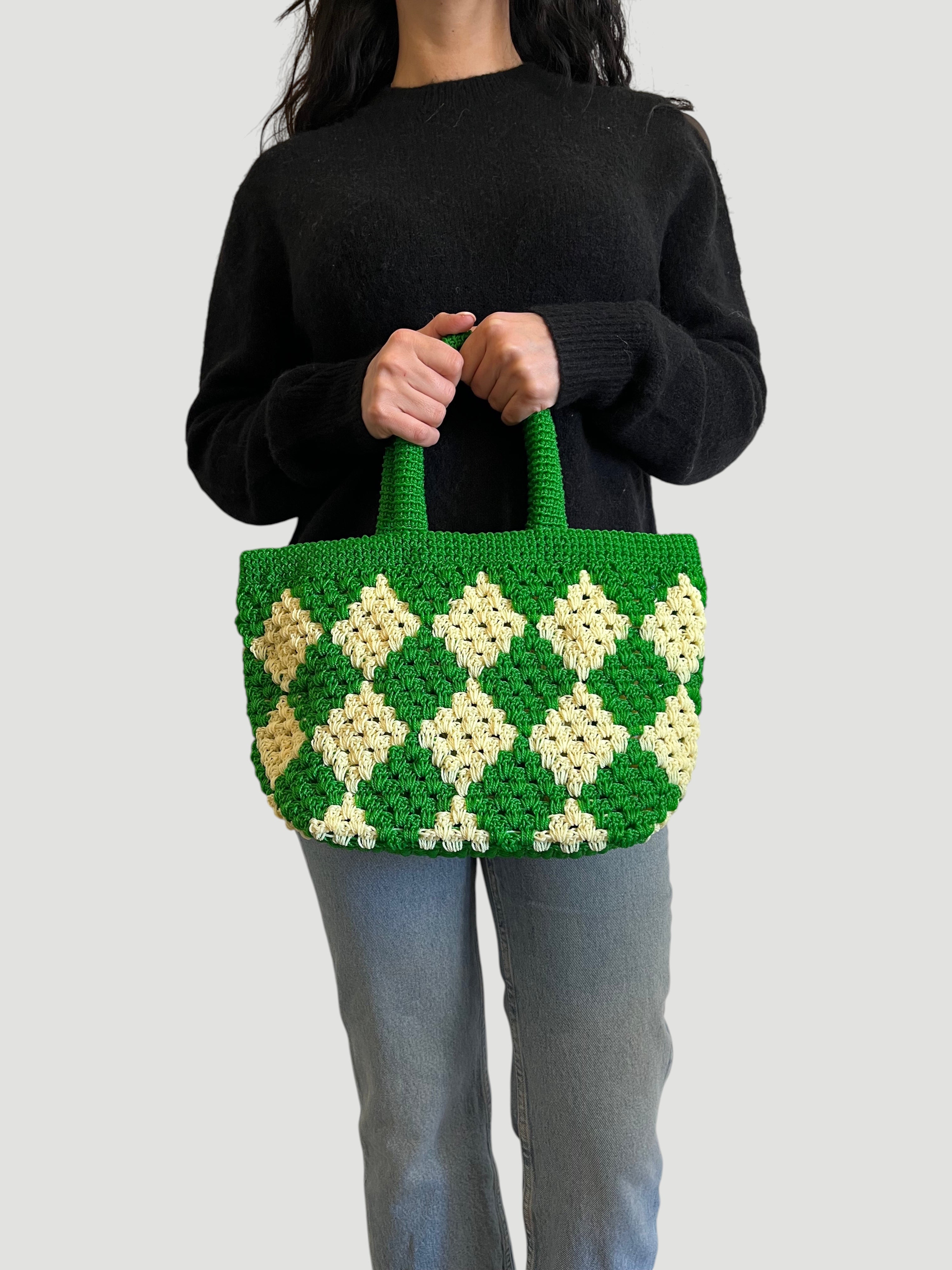 No. 5SC - CROCHET BASKET BAG - Small - Green & Ecru