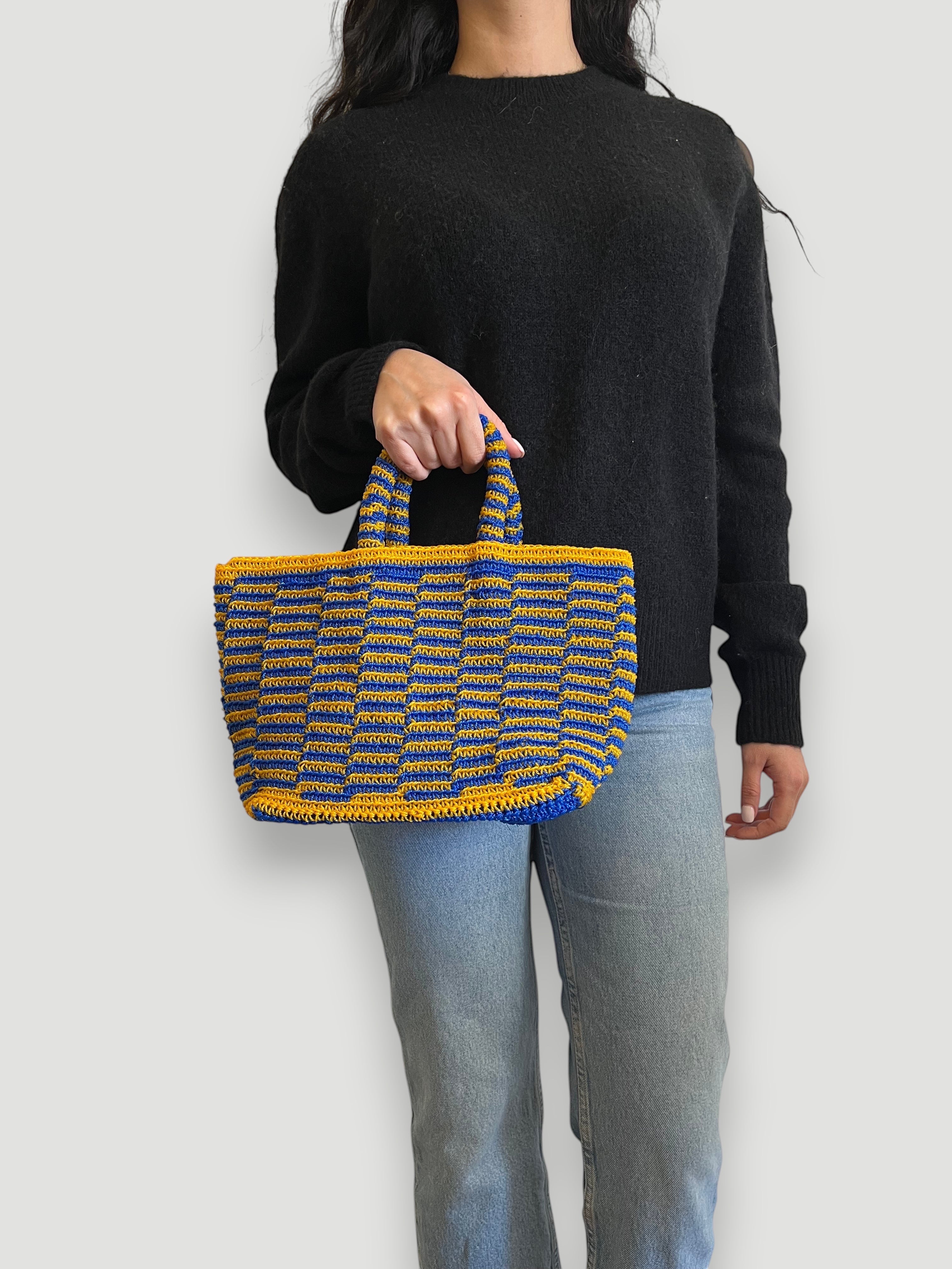 No. 2SC - CROCHET BASKET BAG - Small - Dark Blue & Mustard
