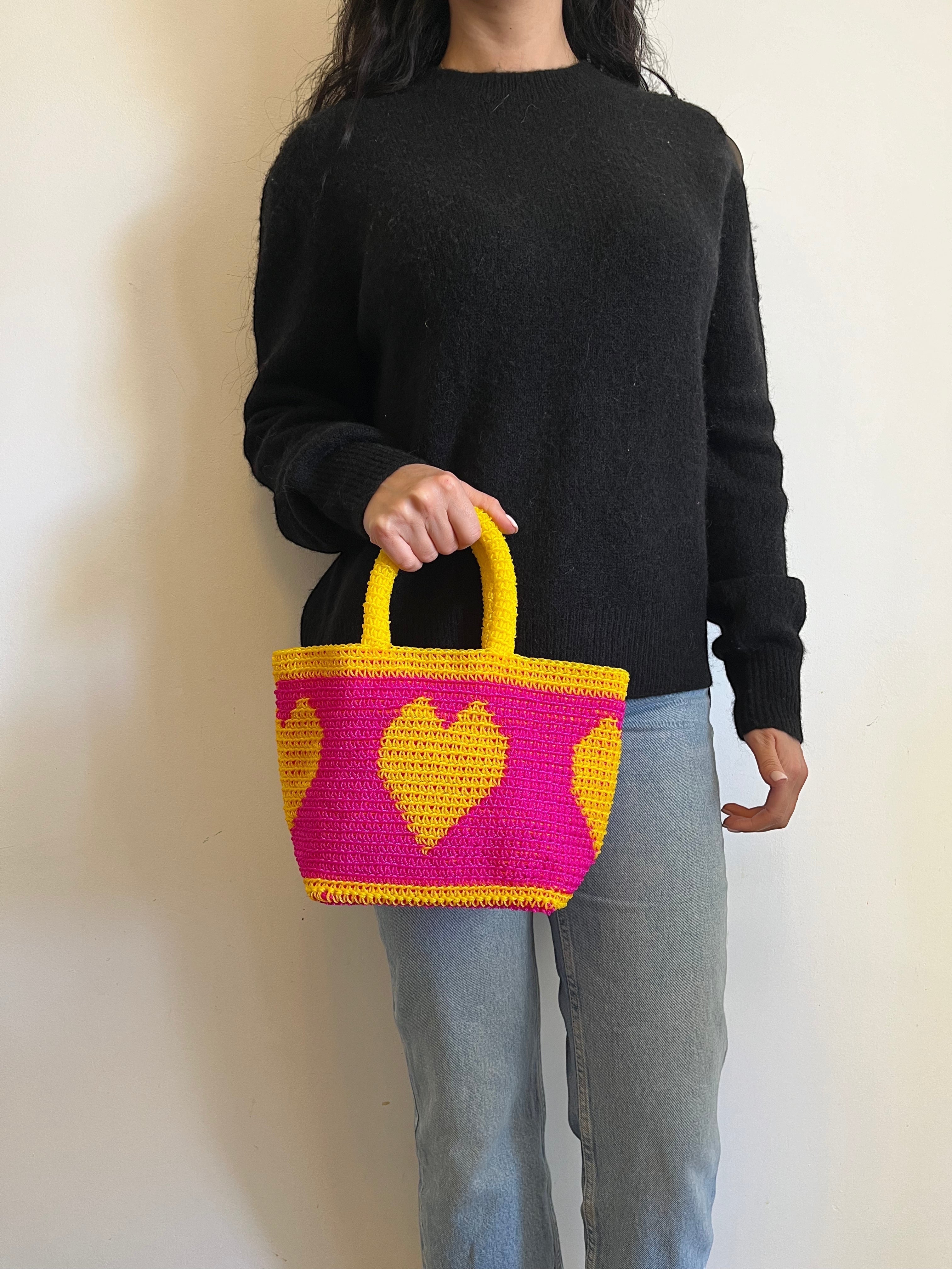 No. 14SC - CROCHET BASKET BAG - MINI - neon pink & yellow