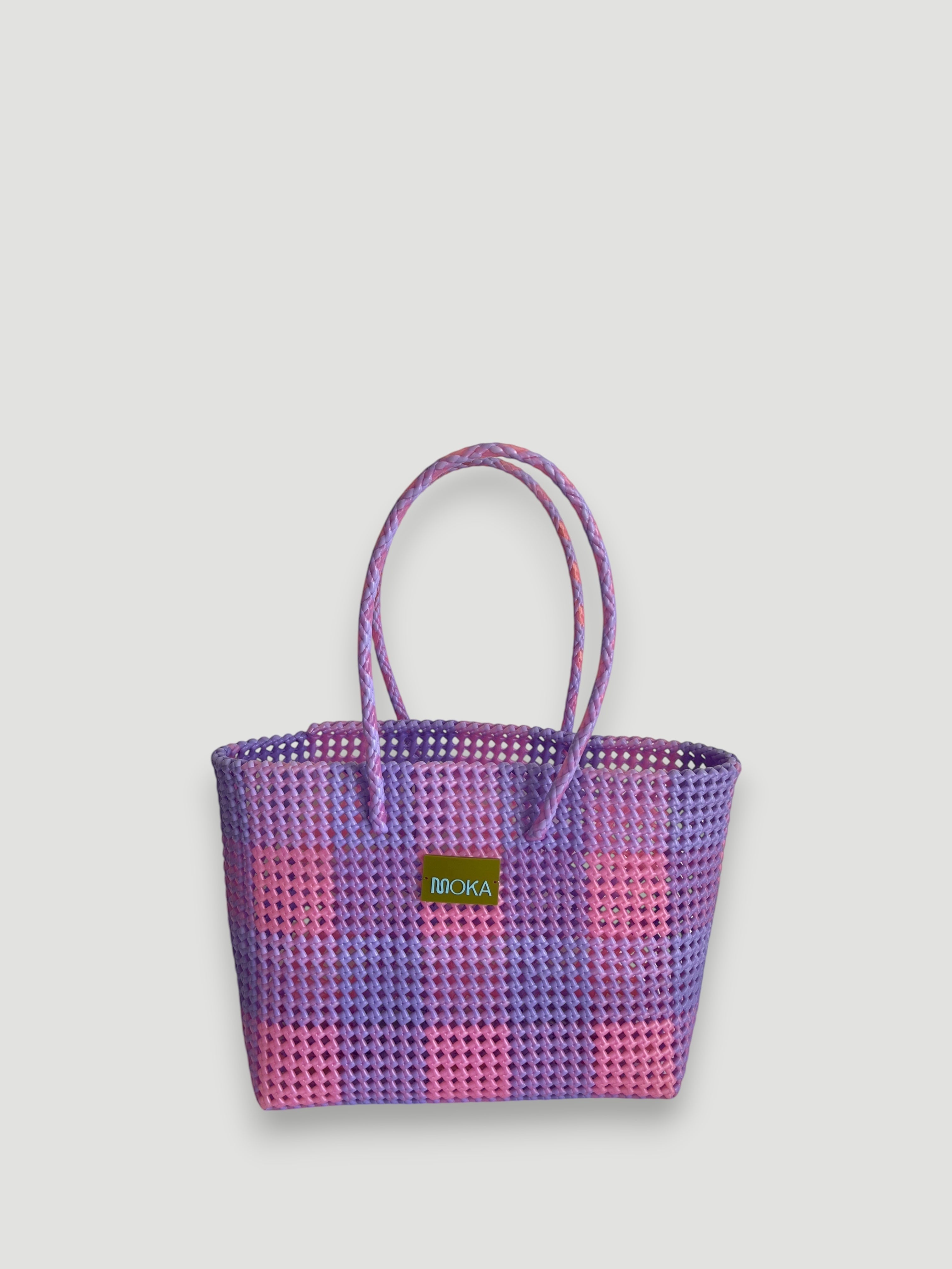 N°520L - SAC PANIER TRESSÉ MAIN - GRAND - lavande & rose irisé