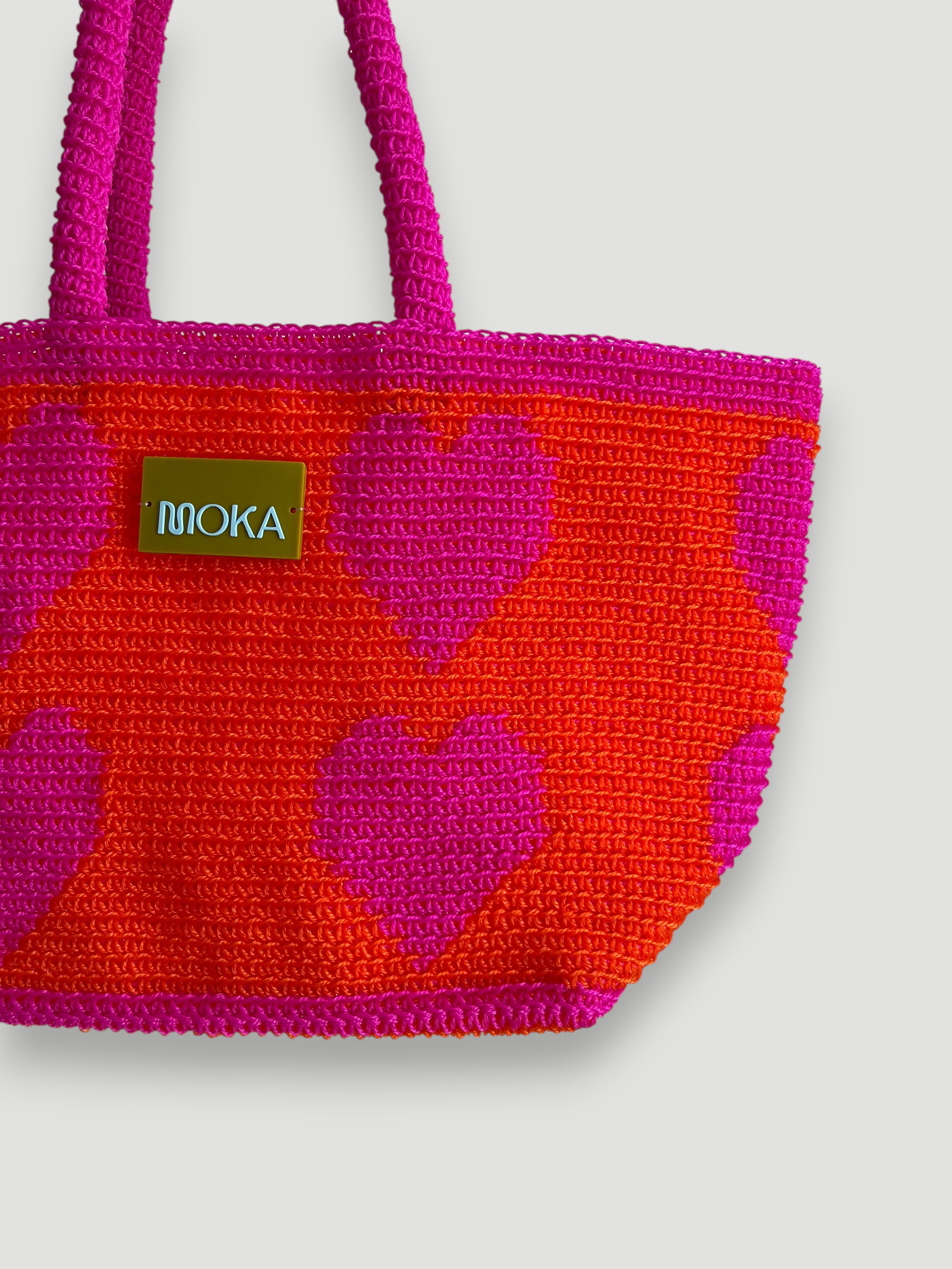 N°30SC - SAC PANIER CROCHET COEUR L - GRAND - ROSE & ORANGE