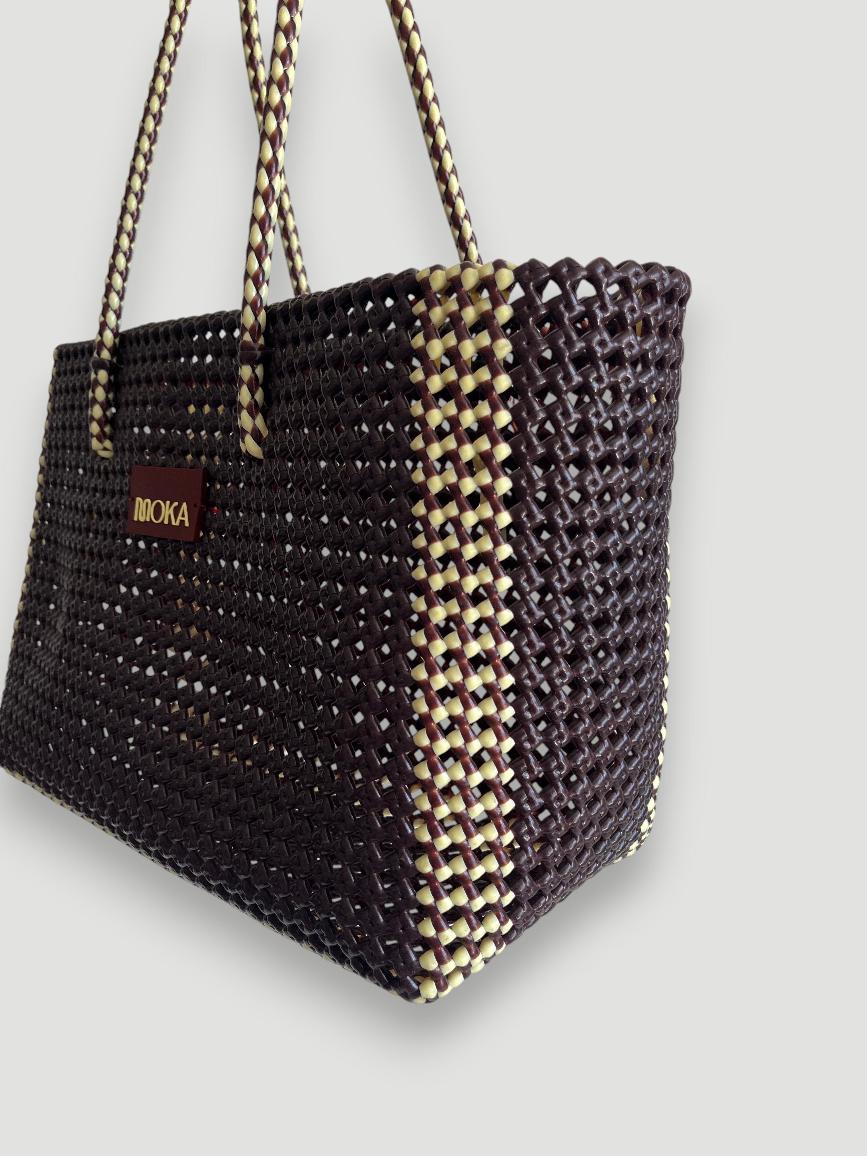 N°181L - SAC PANIER TRESSÉ MAIN - GRAND - marron & crème