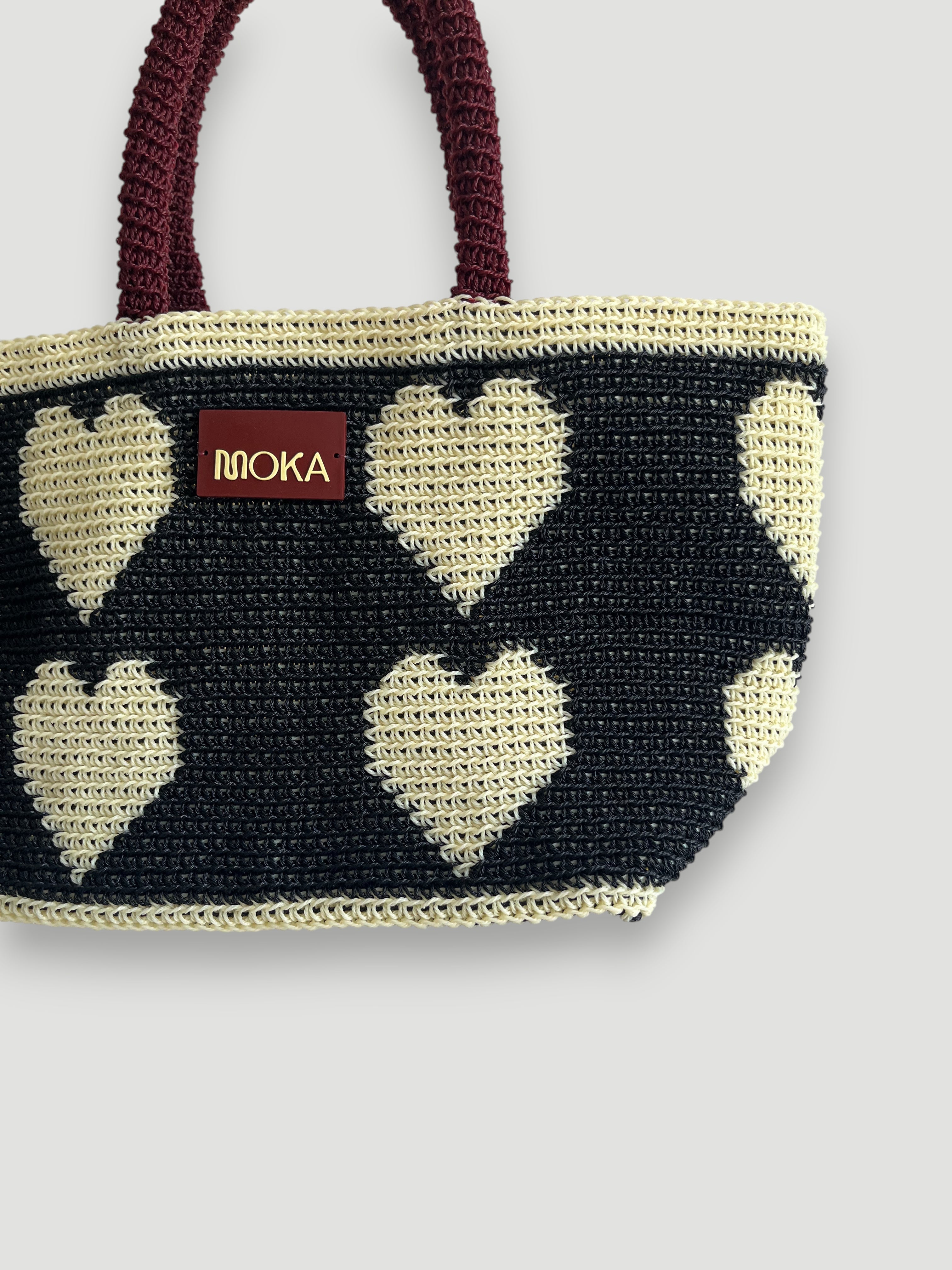 N°28SC - SAC PANIER CROCHET COEUR L - GRAND - MARRON & CRÈME