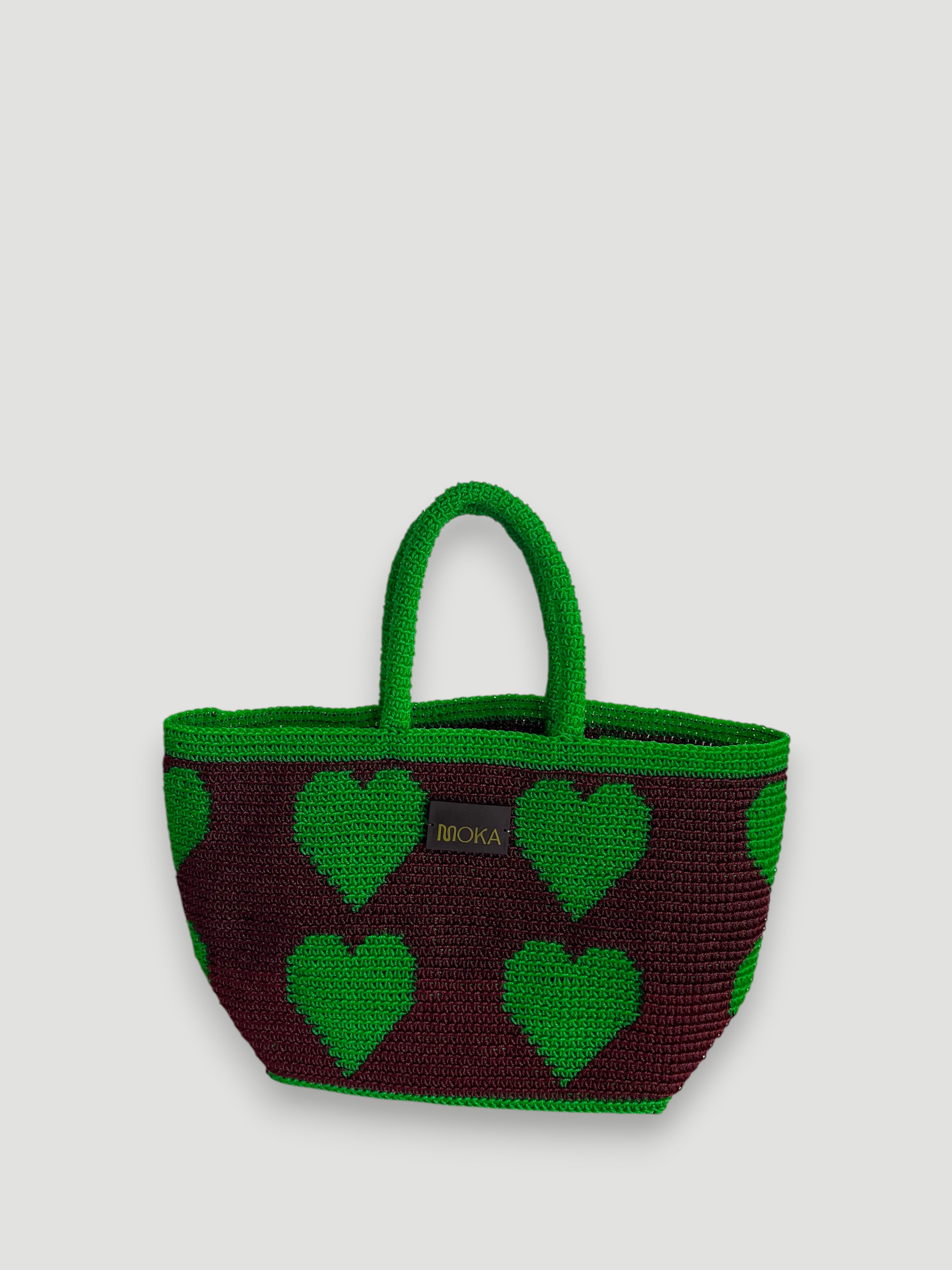 N°29SC - SAC PANIER CROCHET COEUR L - GRAND - BORDEAUX & VERT