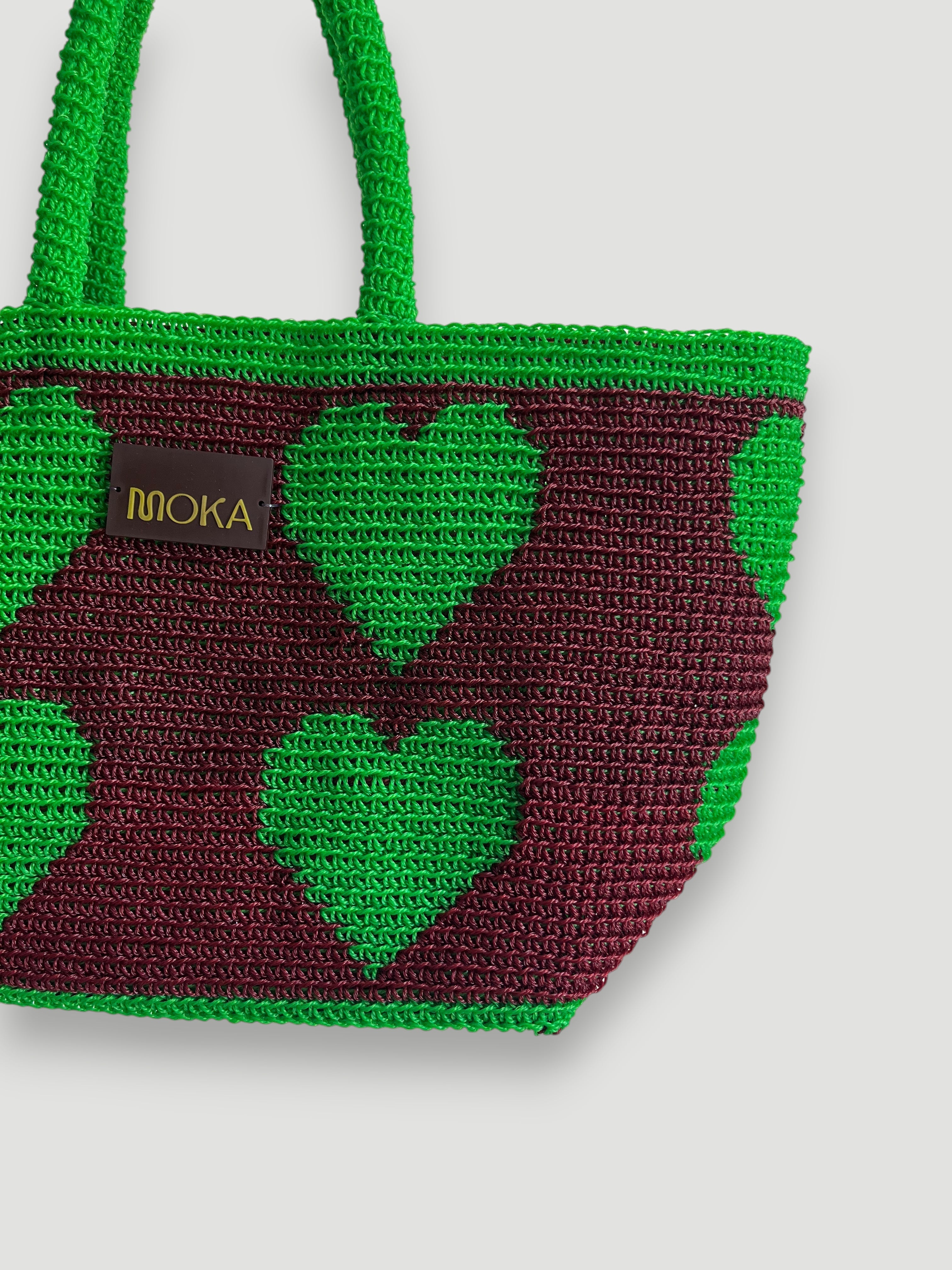 N°29SC - SAC PANIER CROCHET COEUR L - GRAND - BORDEAUX & VERT