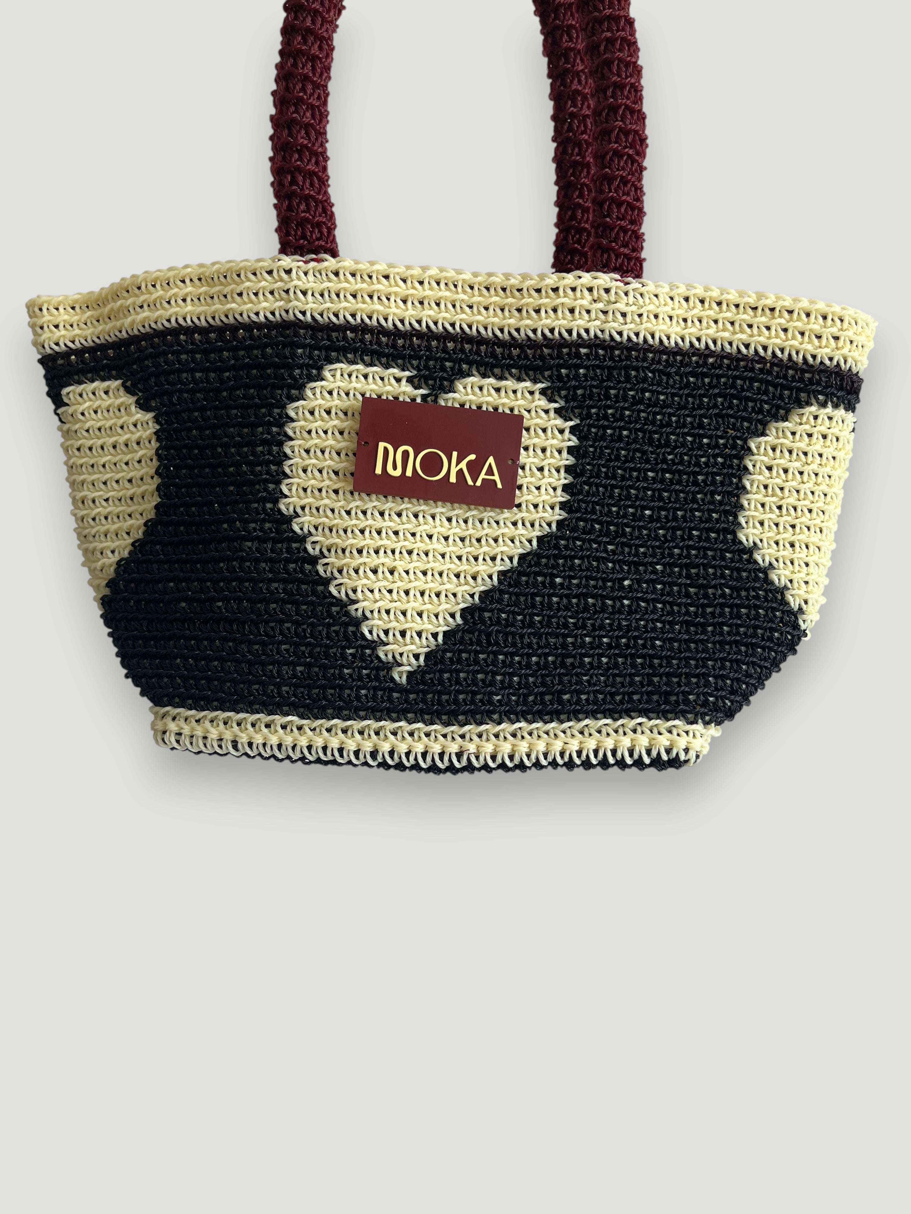 N°28SC - SAC PANIER CROCHET COEUR S - PETIT - MARRON & CRÈME