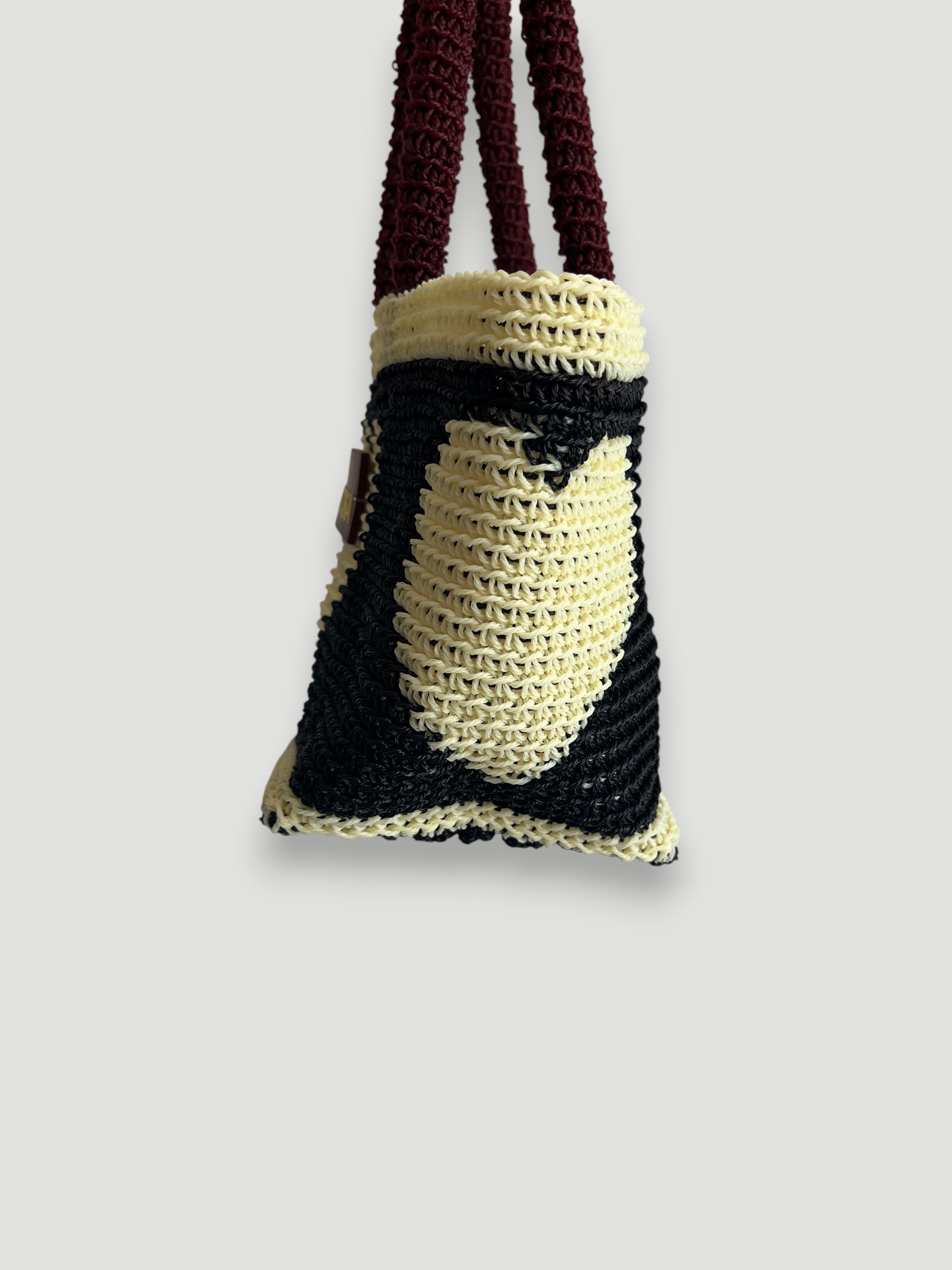 N°28SC - SAC PANIER CROCHET COEUR S - PETIT - MARRON & CRÈME
