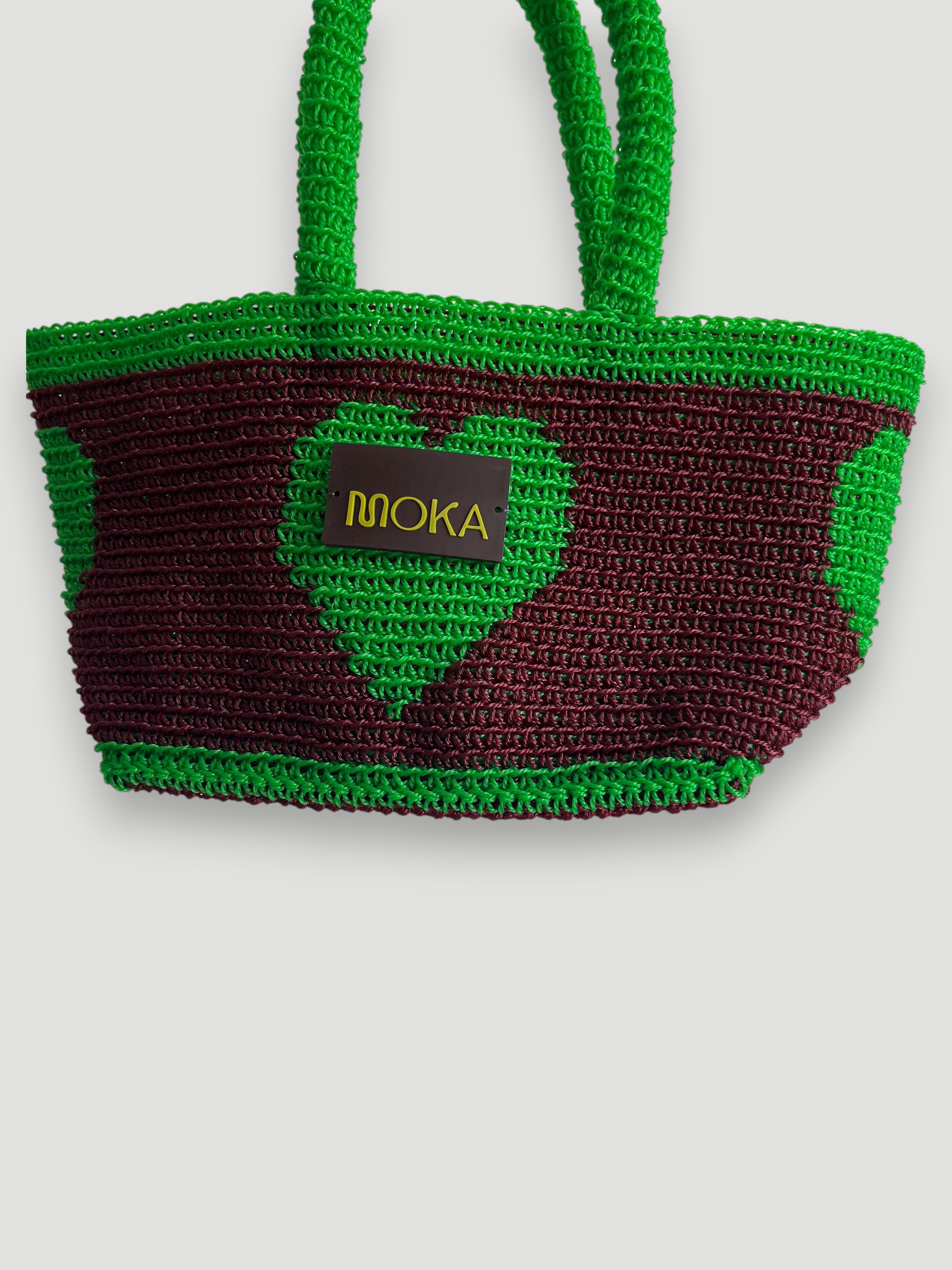 N°29SC - SAC PANIER CROCHET COEUR S - PETIT - BORDEAUX & VERT