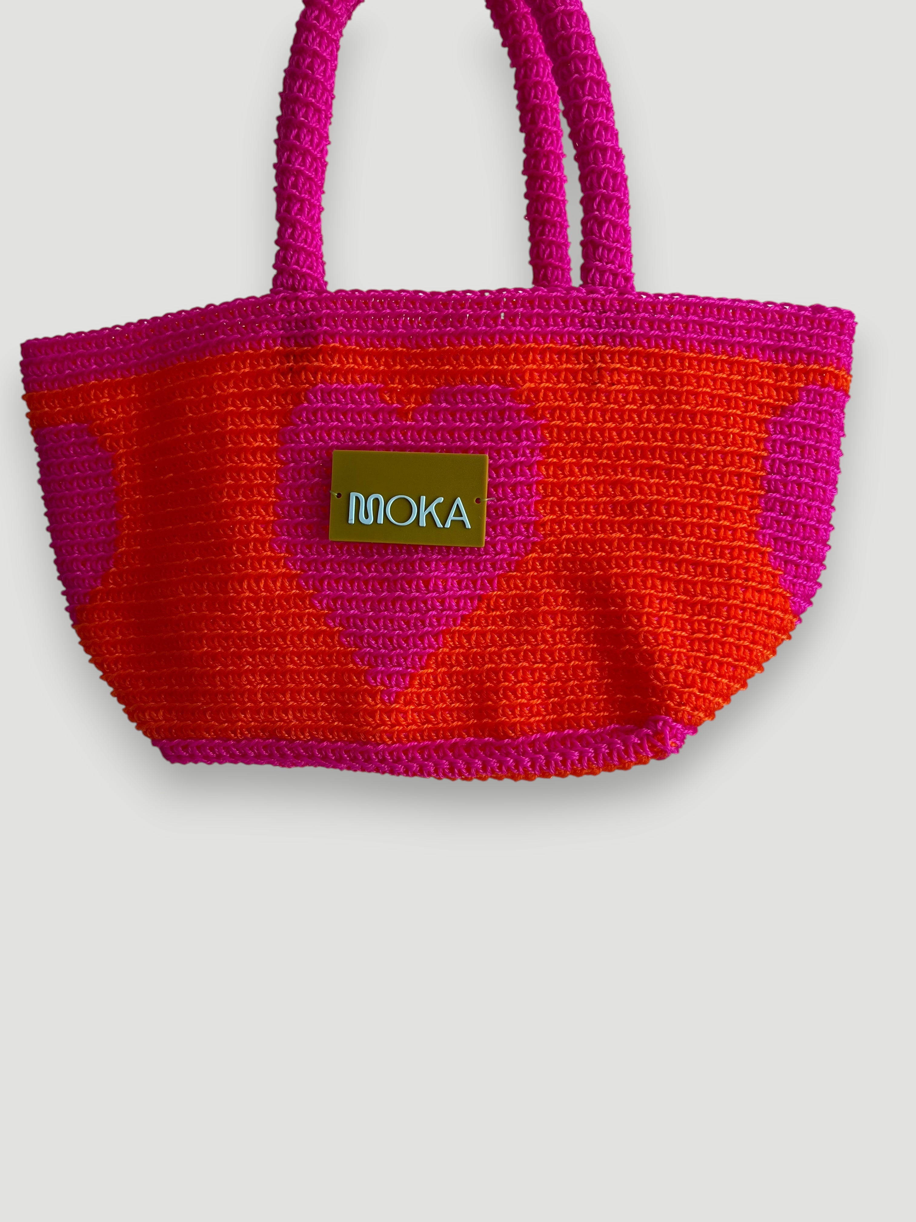 N°30SC - SAC PANIER CROCHET COEUR S - PETIT - ROSE & ORANGE