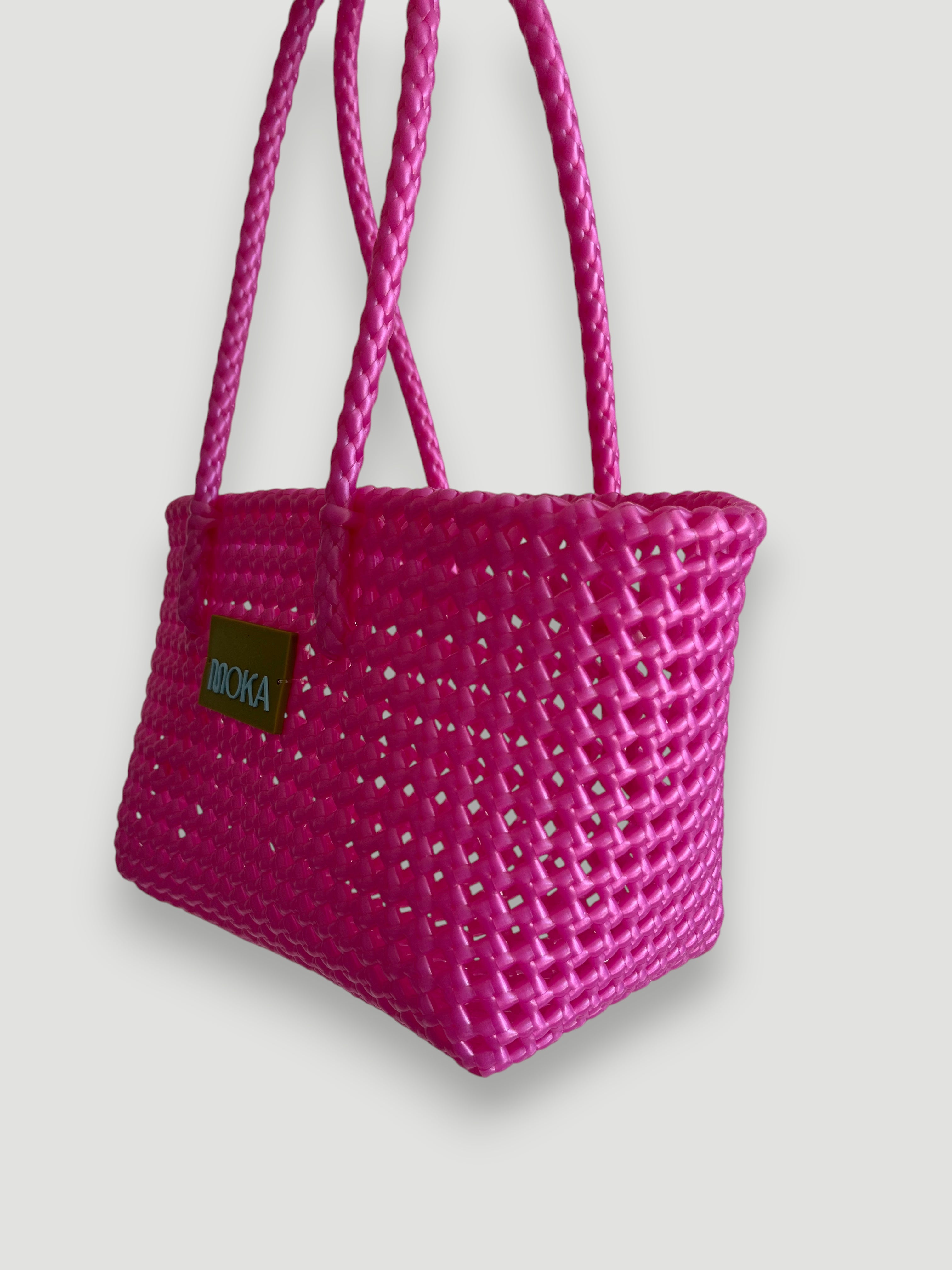 N°526S - SAC PANIER TRESSÉ MAIN - PETIT - rose foncé irisé