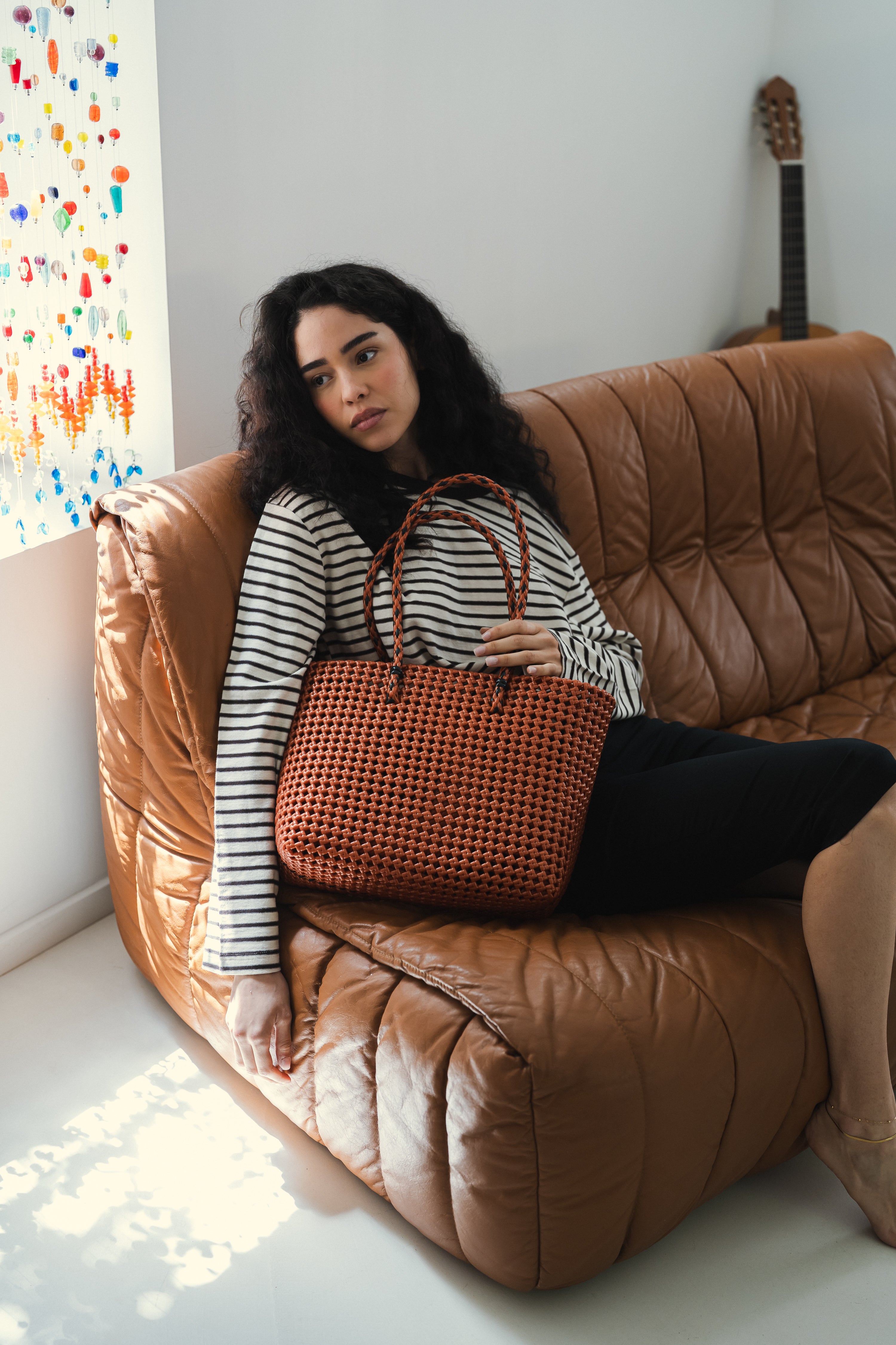 N°315M - SAC PANIER TRESSÉ MAIN - MOYEN - bronze & noir