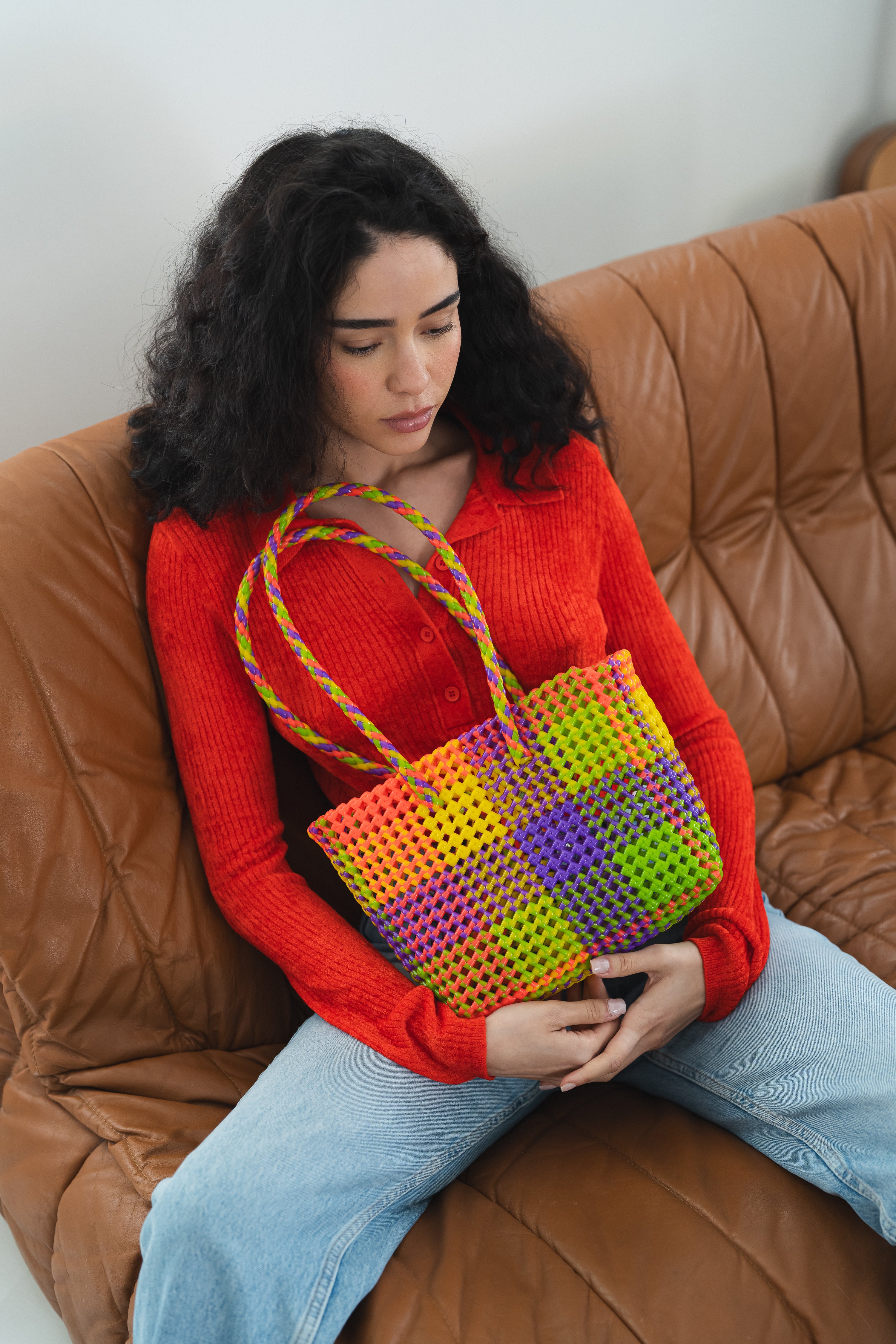N°460S - SAC PANIER TRESSÉ MAIN - PETIT - multicolors