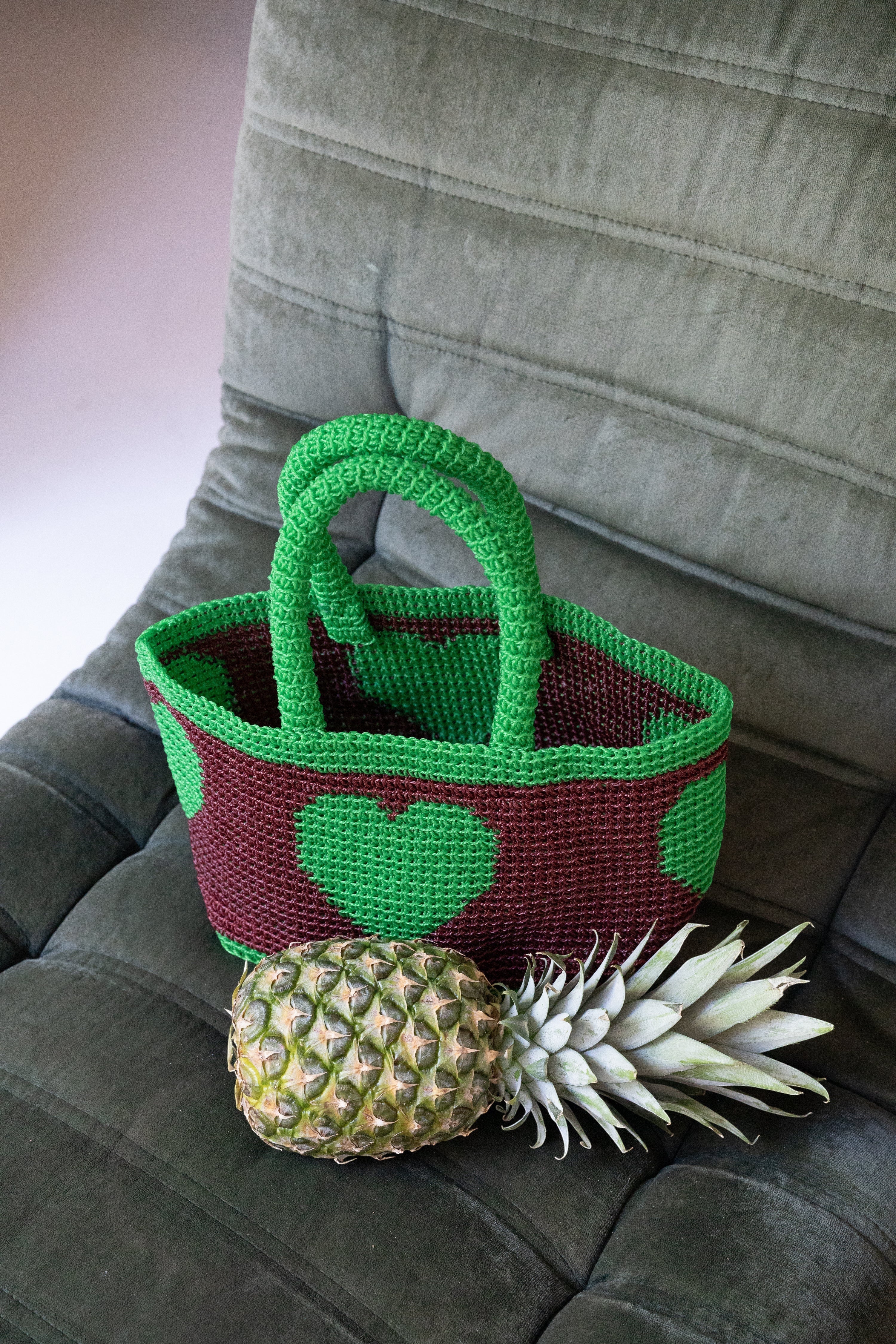 N°29SC - SAC PANIER CROCHET COEUR S - PETIT - BORDEAUX & VERT