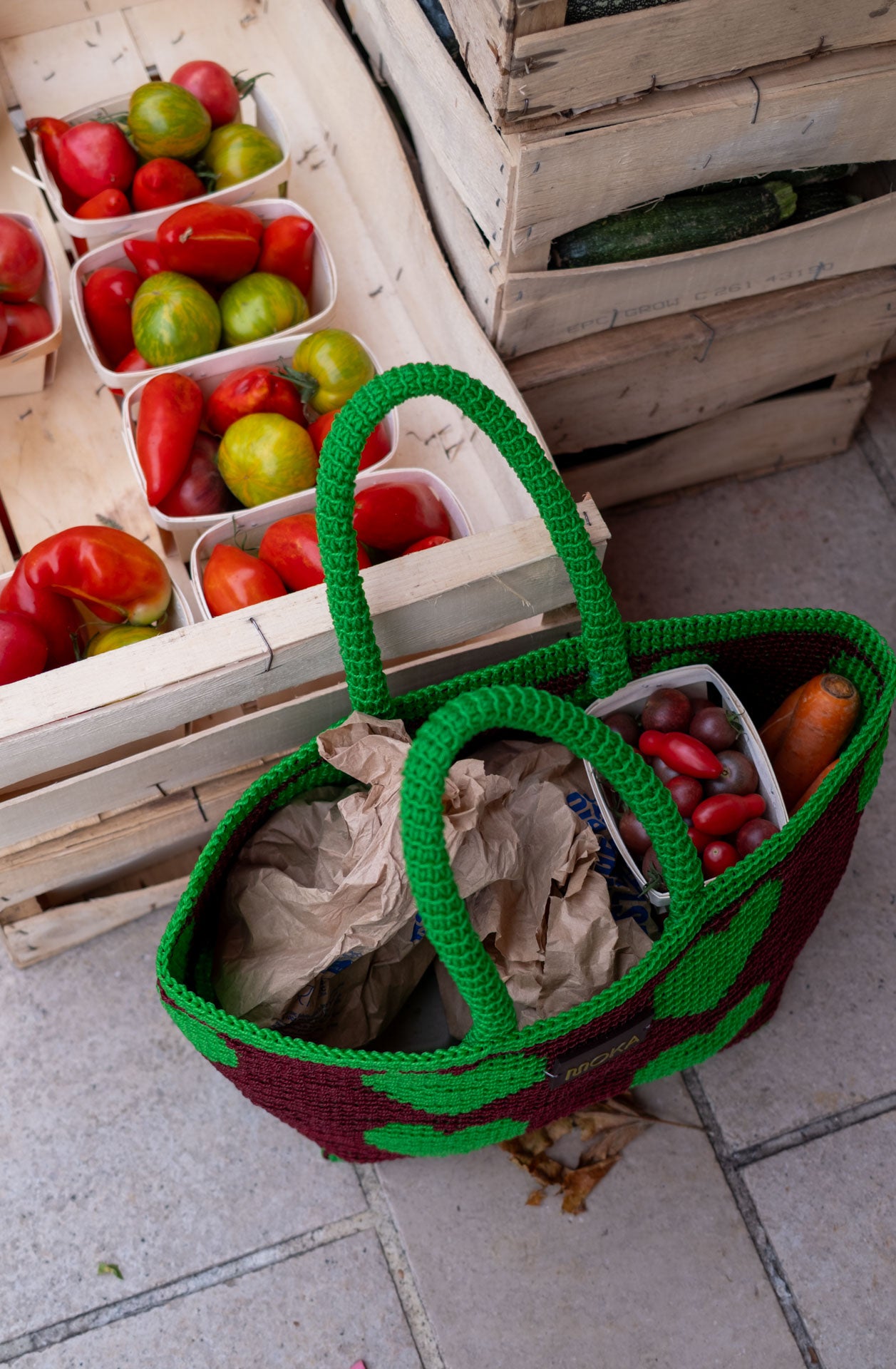 No. 29SC - WOVEN BASKET BAG HEART L - LARGE - BORDEAUX & GREEN