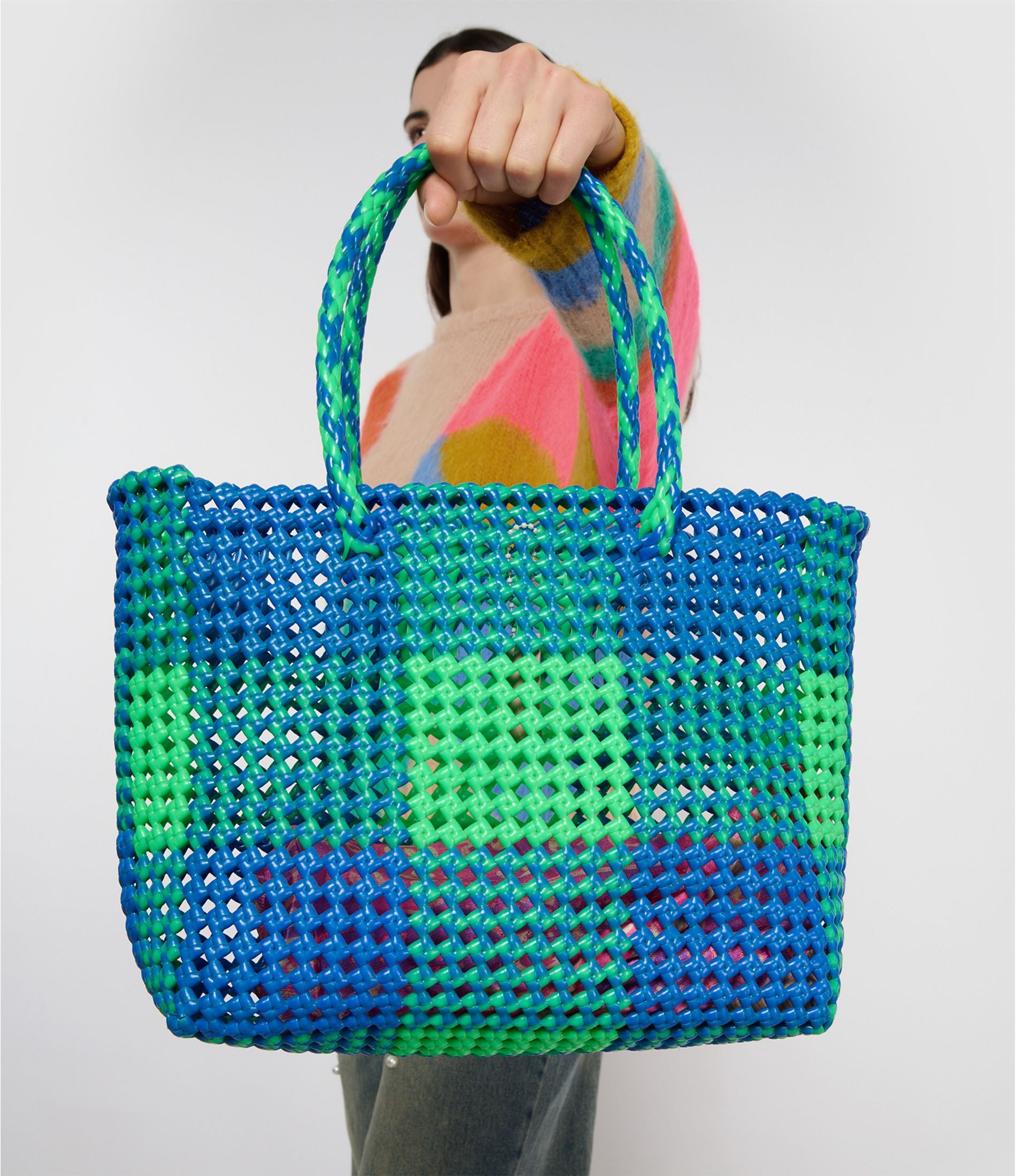 No. 49M - Hand-braided basket bag - medium - neon green & dark blue