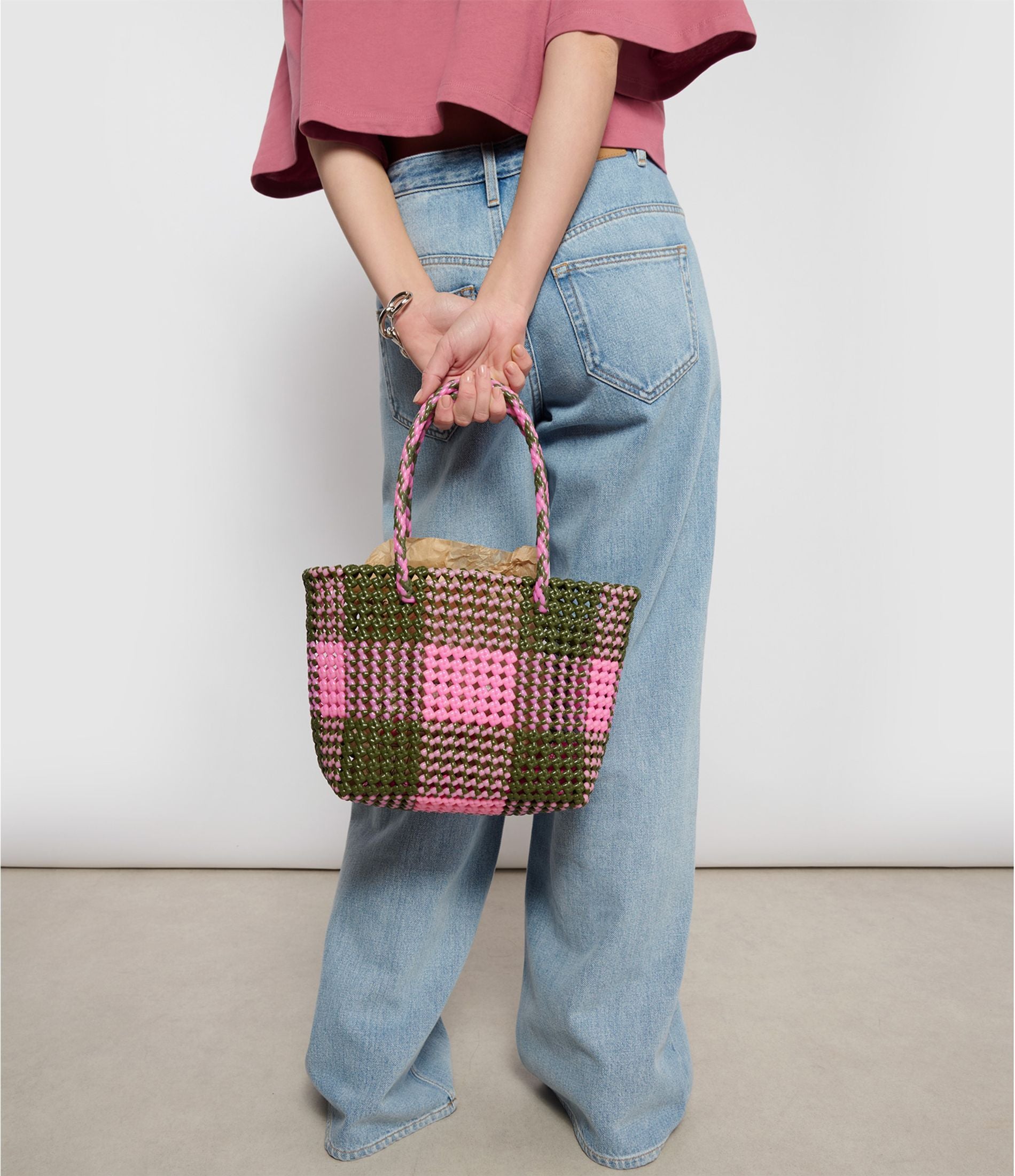 N°23S - SAC PANIER ARCHIVES - PETIT - kaki & rose clair