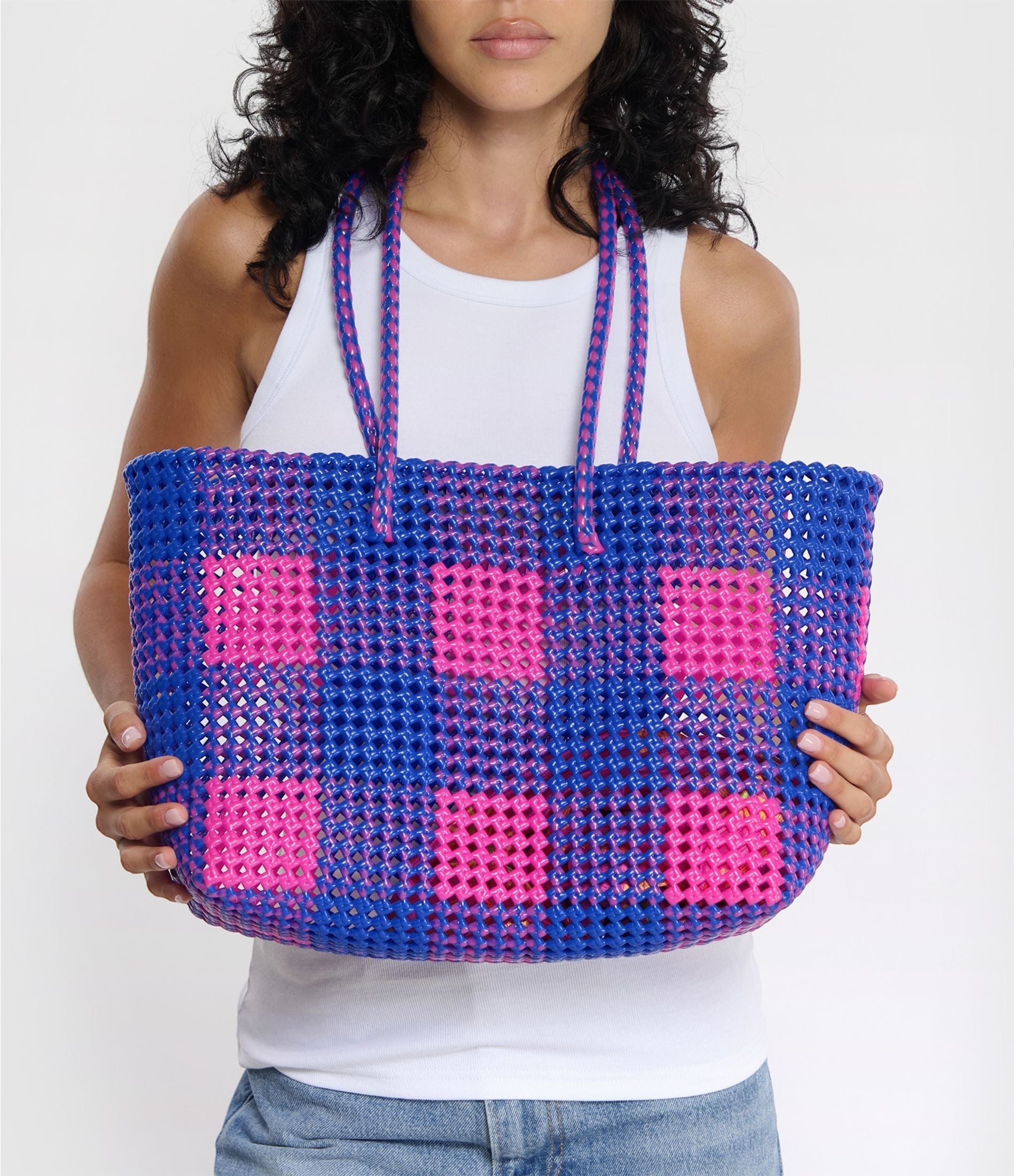 N°15L - SAC PANIER TRESSÉ MAIN - GRAND - rose fluo & bleu foncé