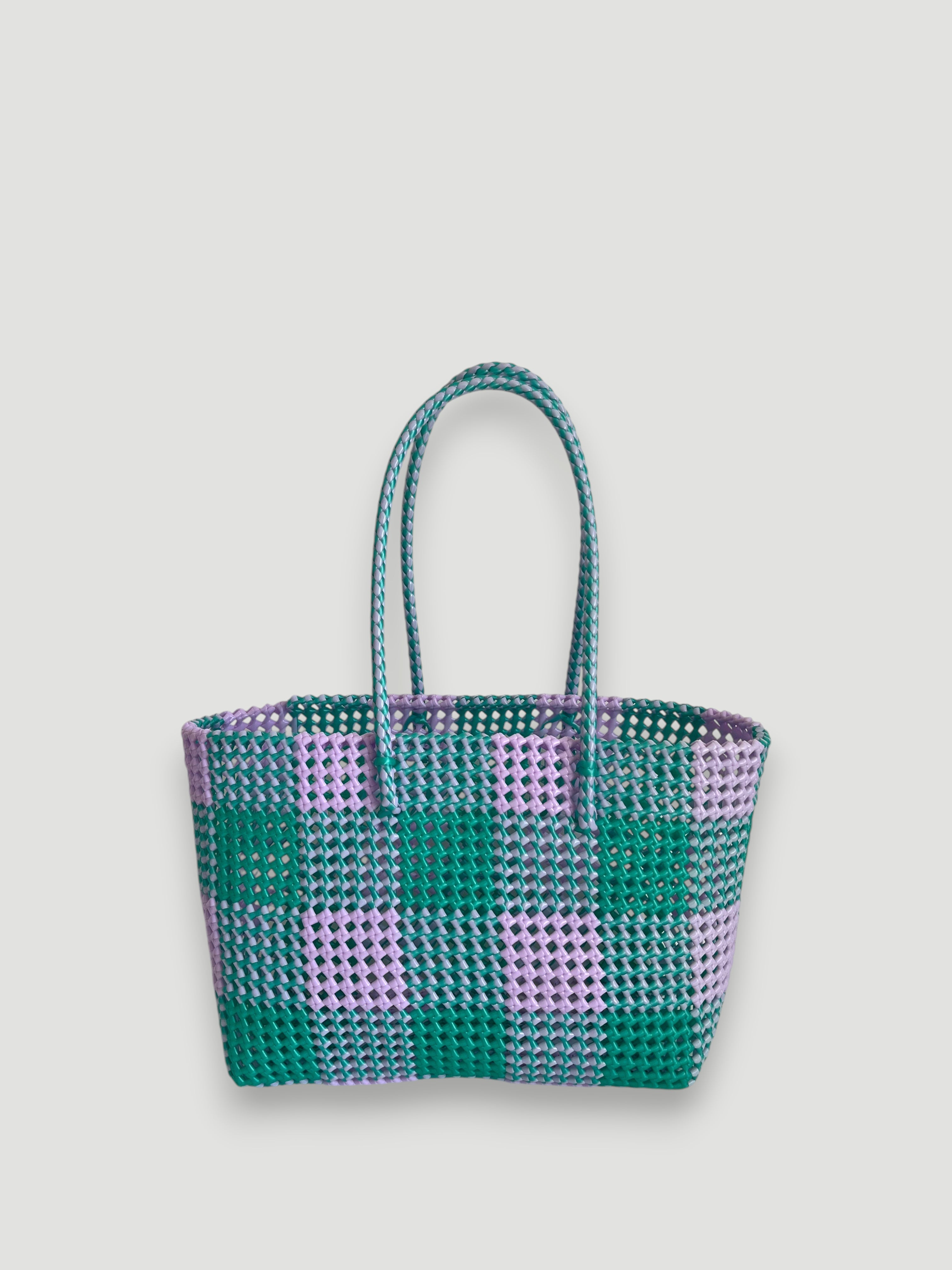 N°551L - SAC PANIER TRESSÉ MAIN - GRAND - lavande & turquoise irisé