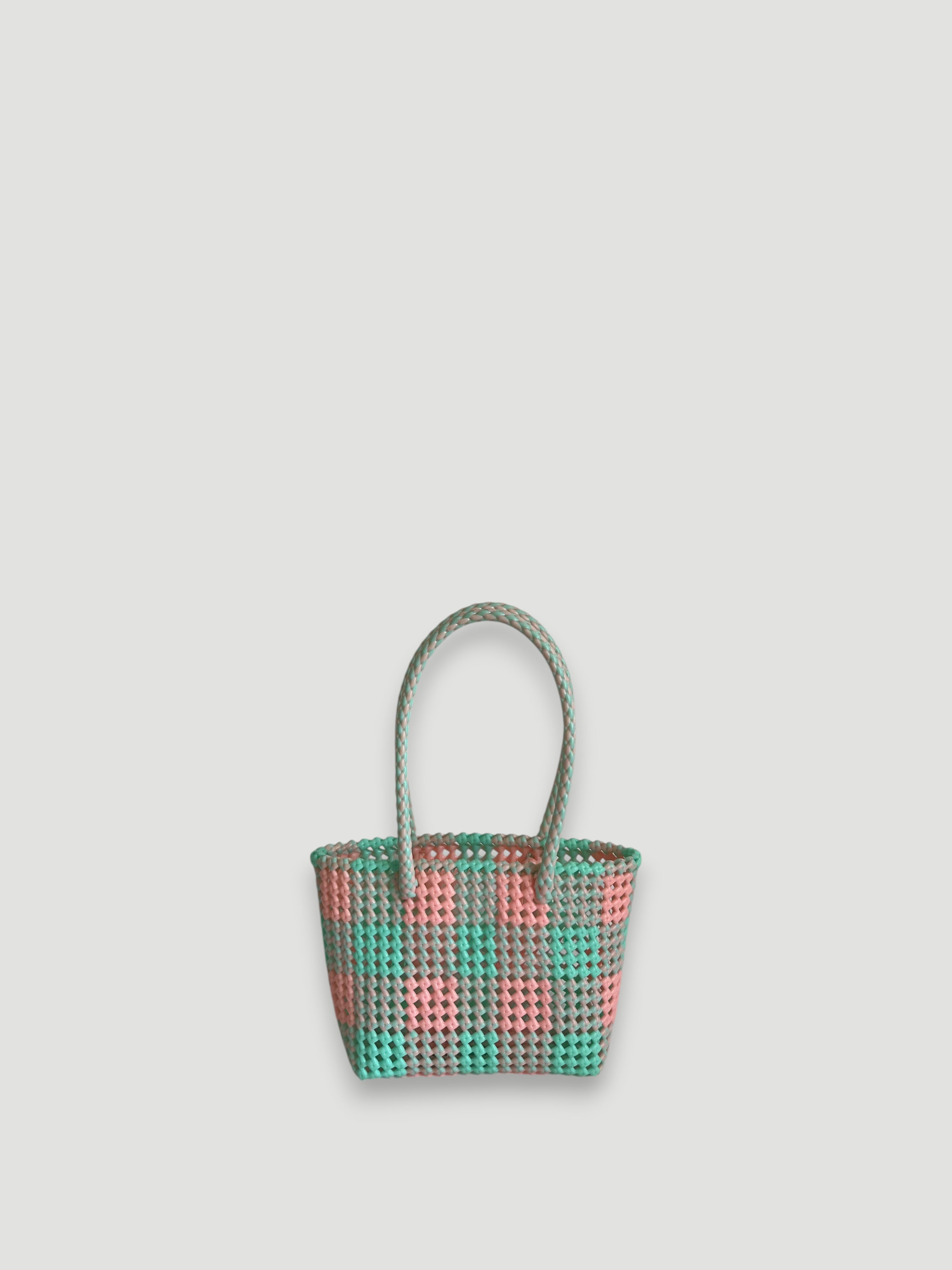 N°543S - SAC PANIER TRESSÉ MAIN - PETIT - rose pastel & bleu pastel