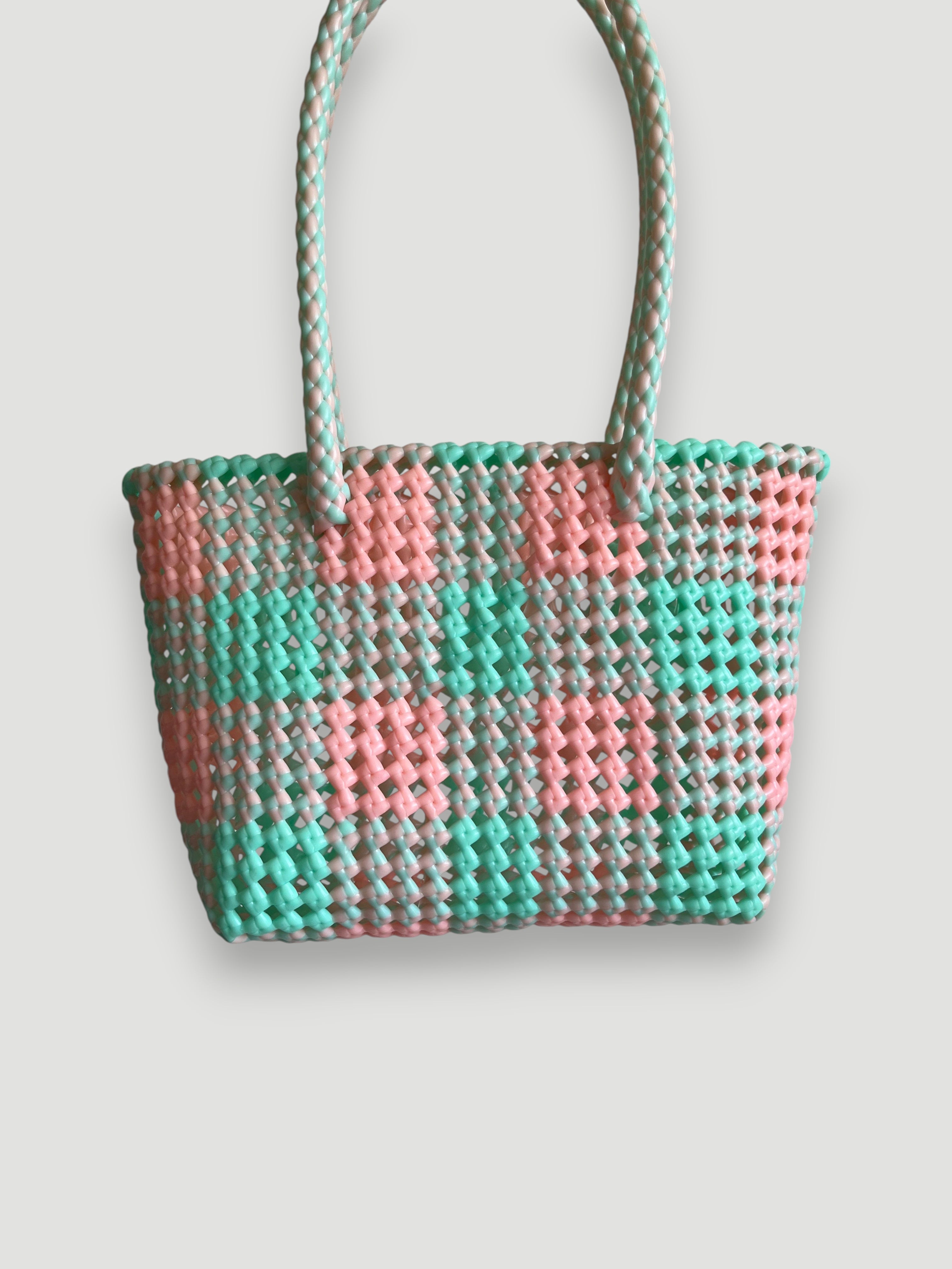 N°543S - SAC PANIER TRESSÉ MAIN - PETIT - rose pastel & bleu pastel
