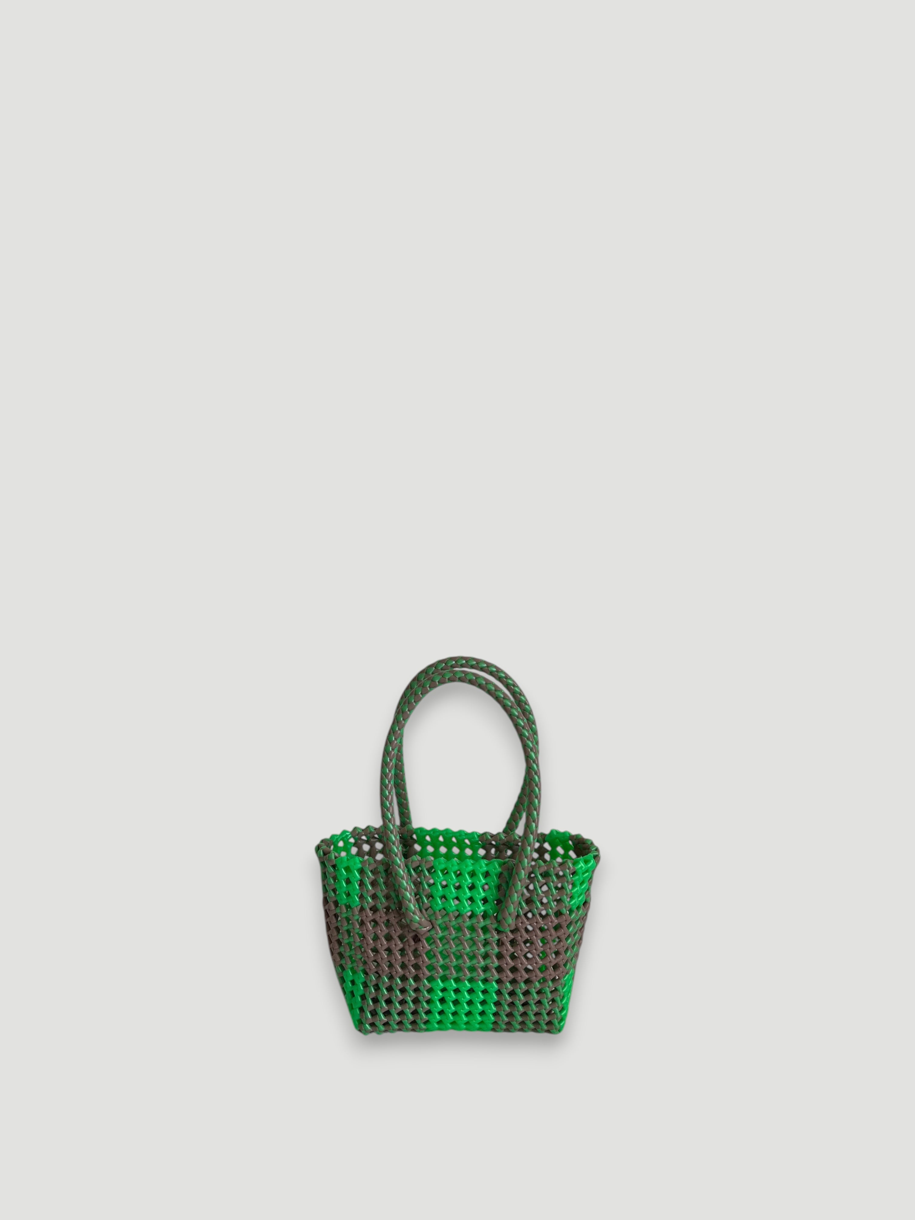 N°544XS - SAC PANIER TRESSÉ MAIN - MINI - vert irisé & taupe