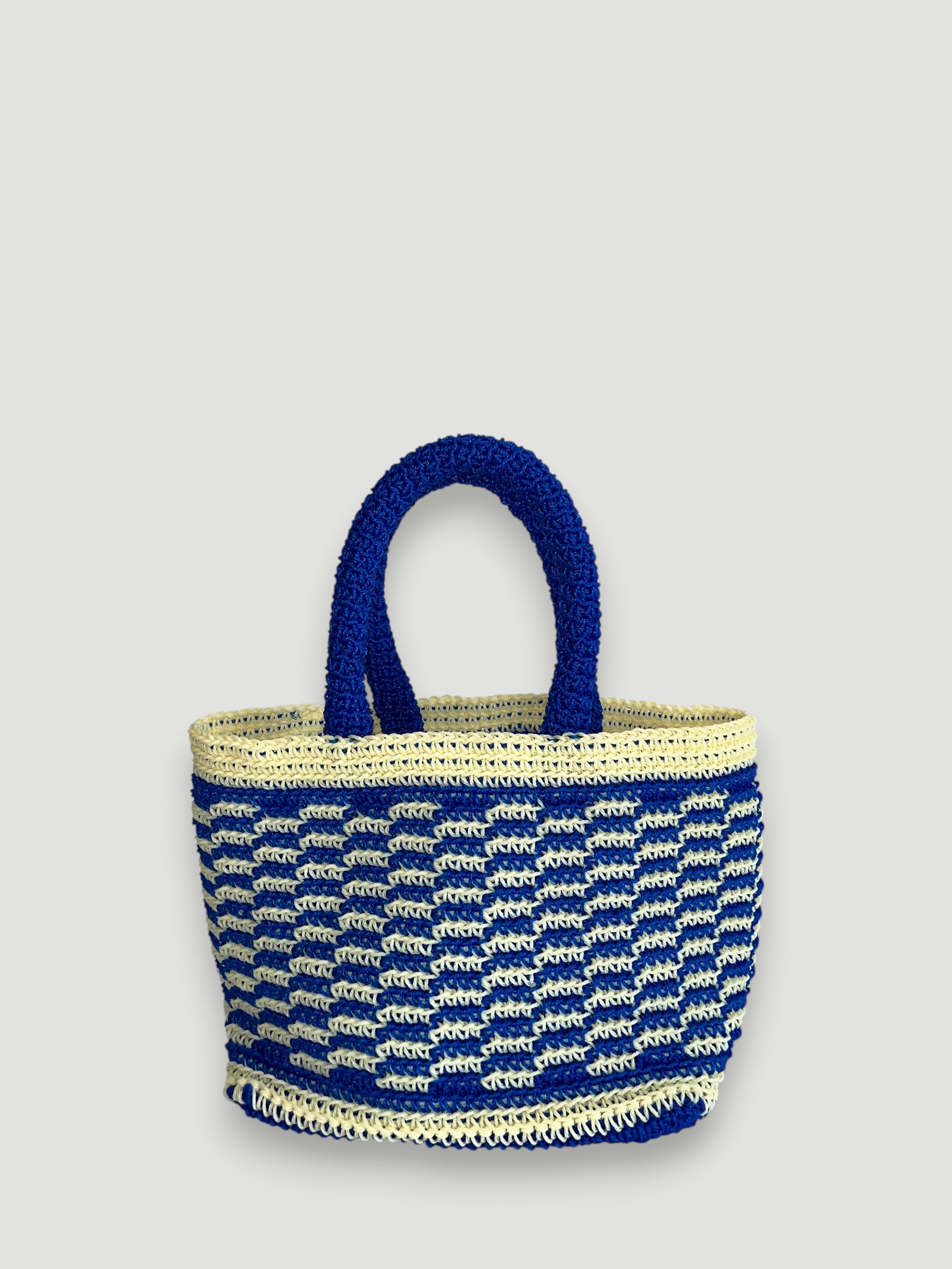 N°19SC - SAC PANIER CROCHET STRIE XS - MINI - bleu foncé & écru
