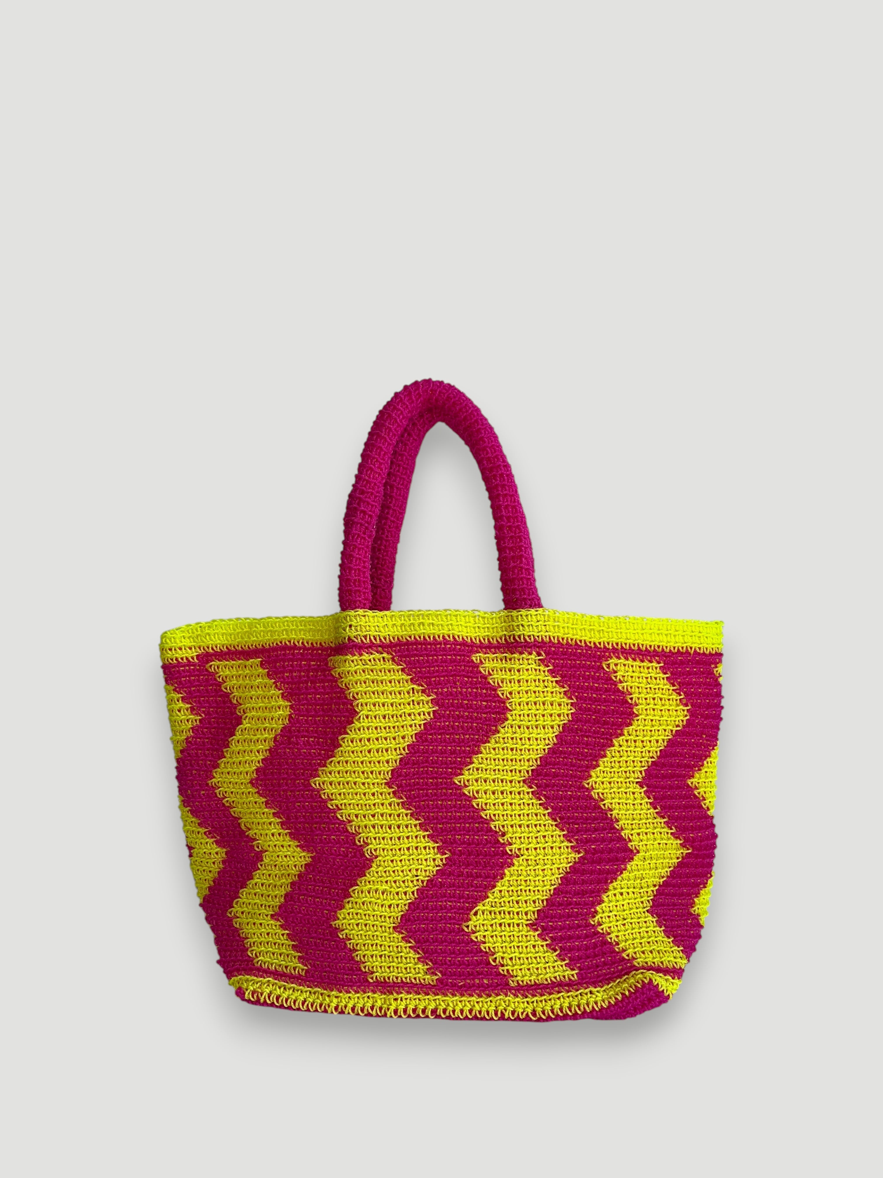 N°24SC - SAC PANIER CROCHET ZIGZAG L - GRAND - rose fluo & jaune fluo