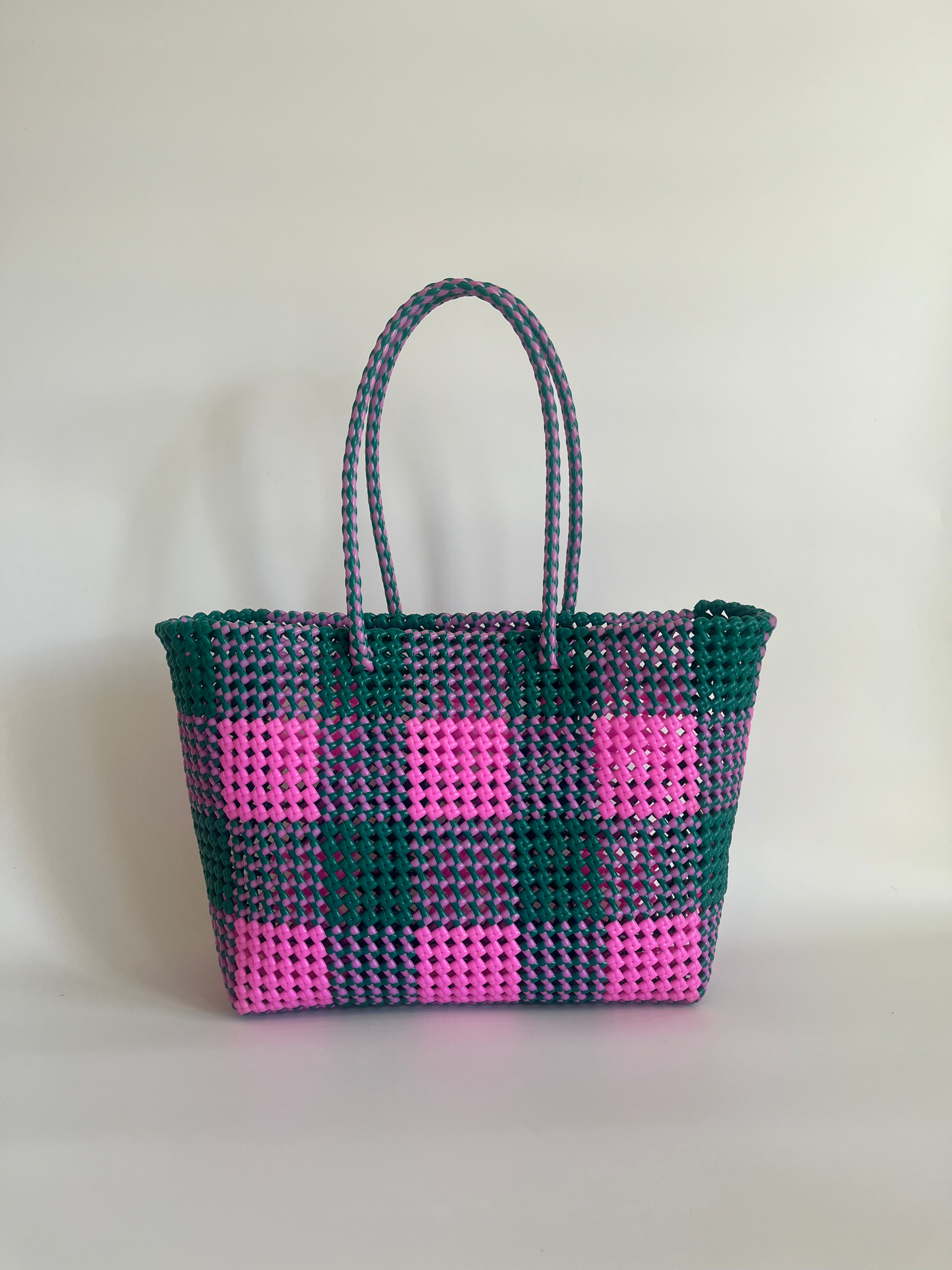 N°52L - SAC PANIER TRESSÉ MAIN - GRAND - rose clair & vert foncé