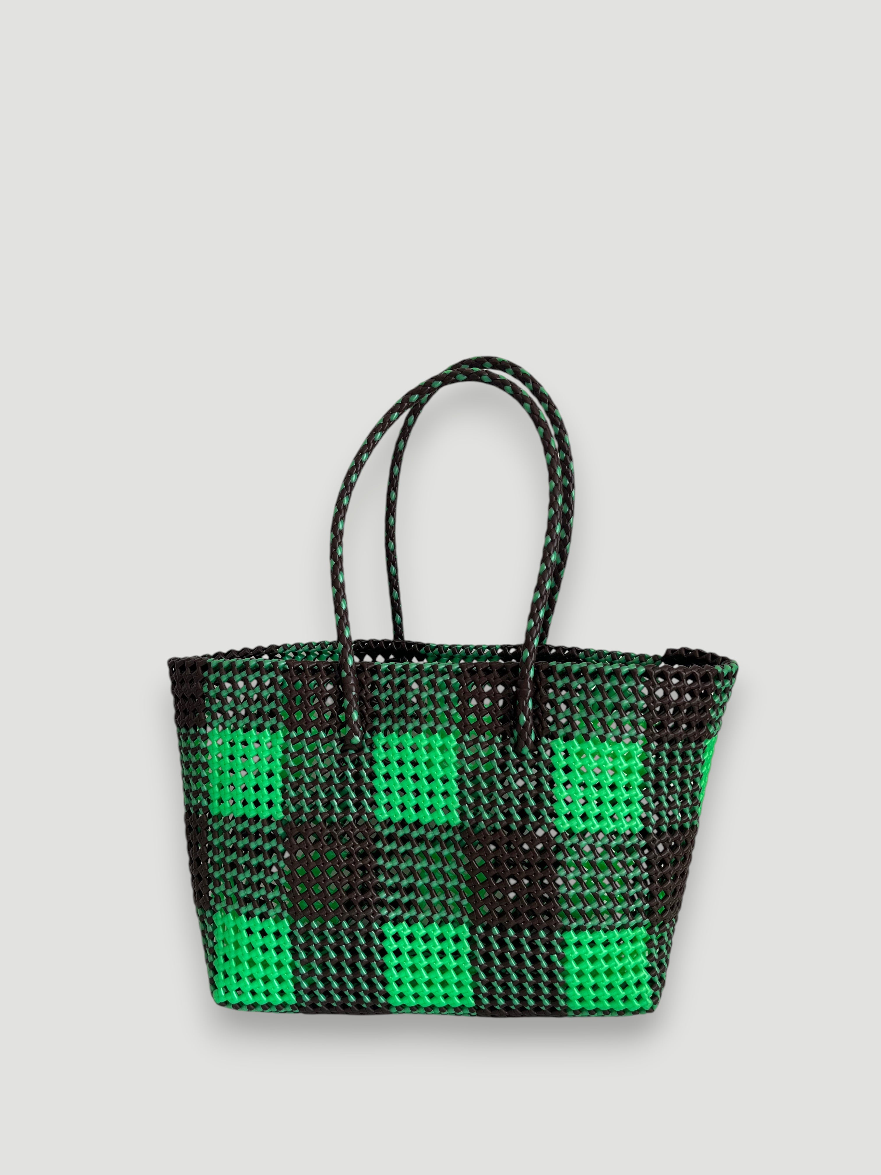 N°550L - SAC PANIER TRESSÉ MAIN - GRAND - marron & vert irisé