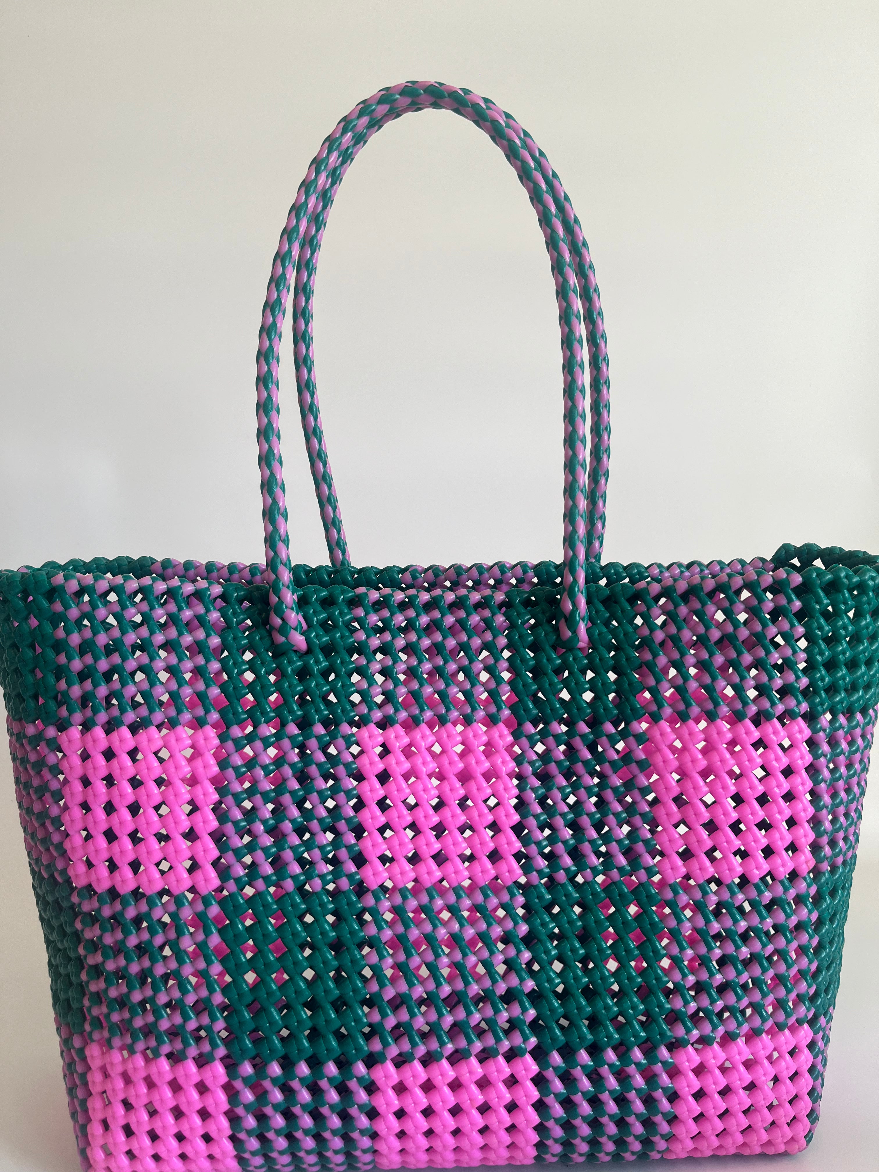 N°52L - SAC PANIER TRESSÉ MAIN - GRAND - rose clair & vert foncé