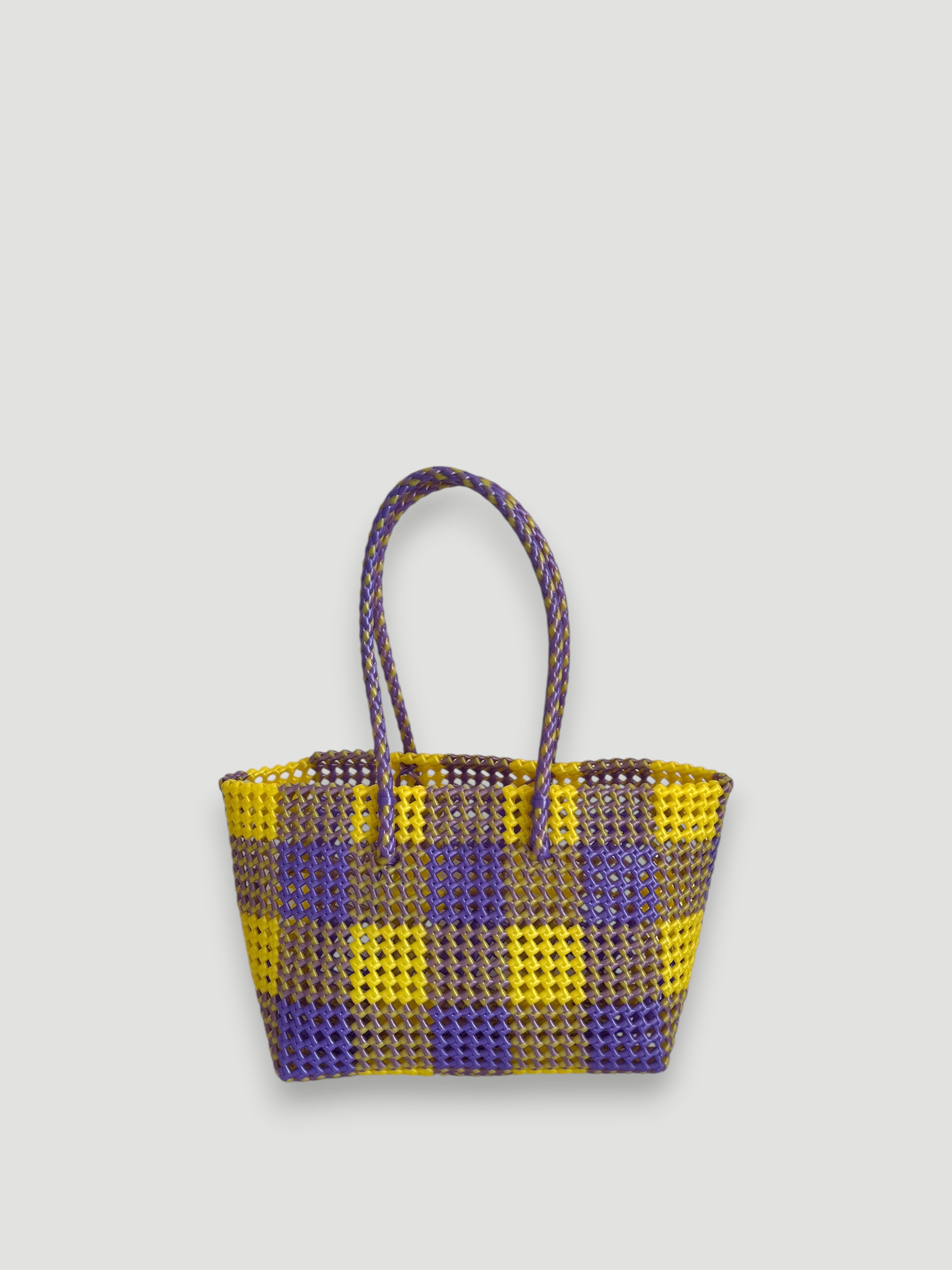 N°92M - SAC PANIER TRESSÉ MAIN - MOYEN - violet irisé & jaune irisé