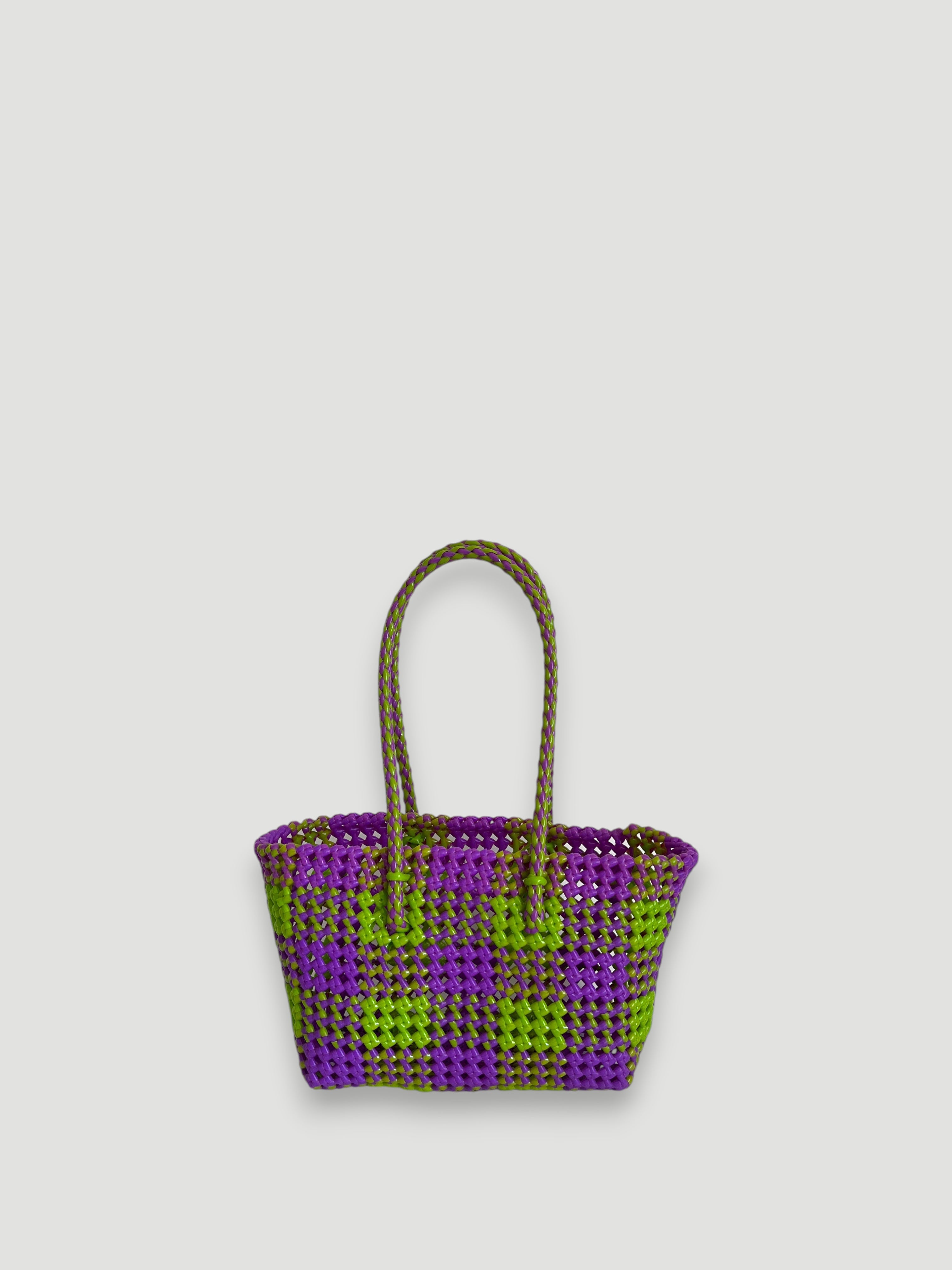 N°6S - SAC PANIER TRESSÉ MAIN - PETIT - violet & vert clair