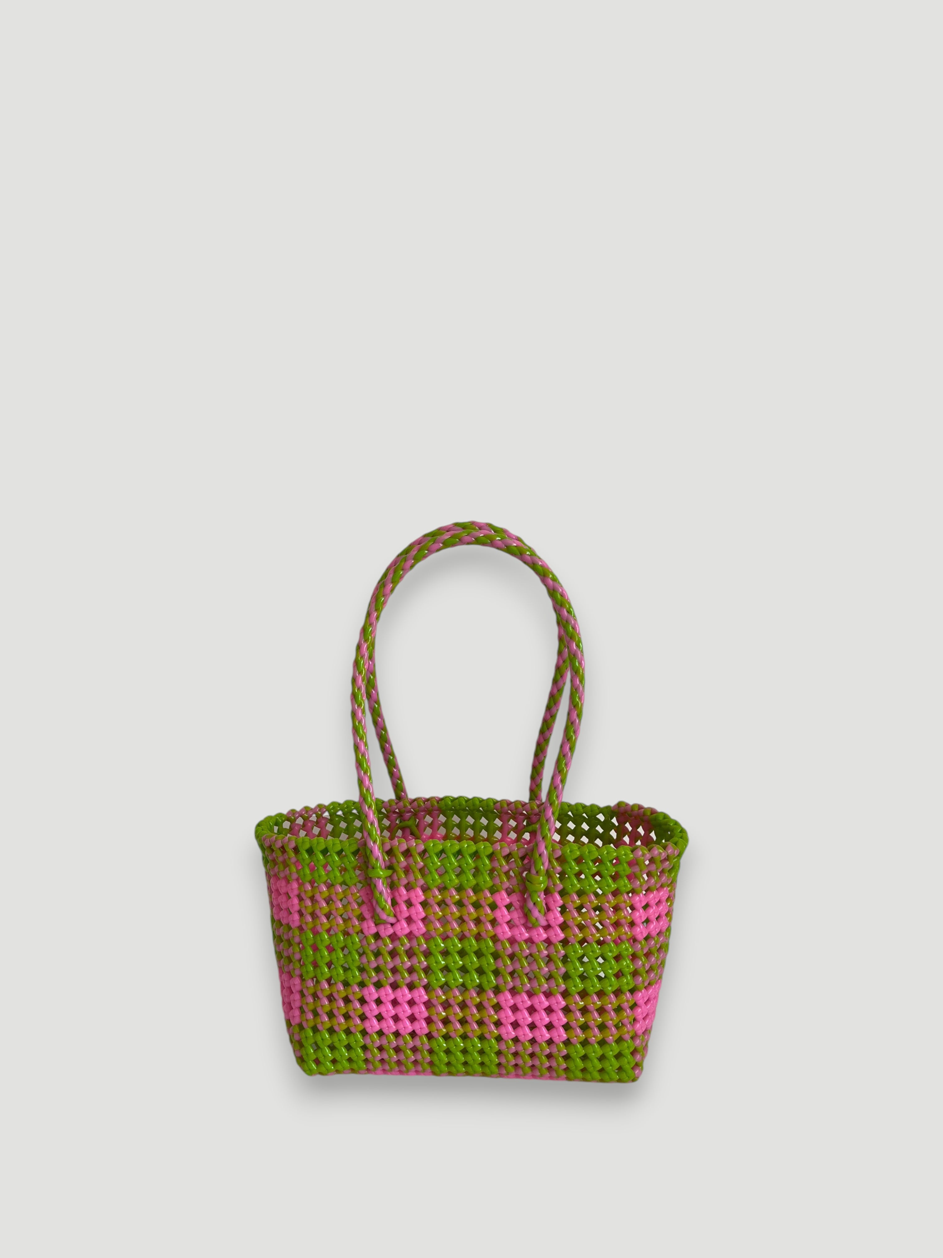 N°21S - SAC PANIER TRESSÉ MAIN - PETIT - rose clair & vert clair