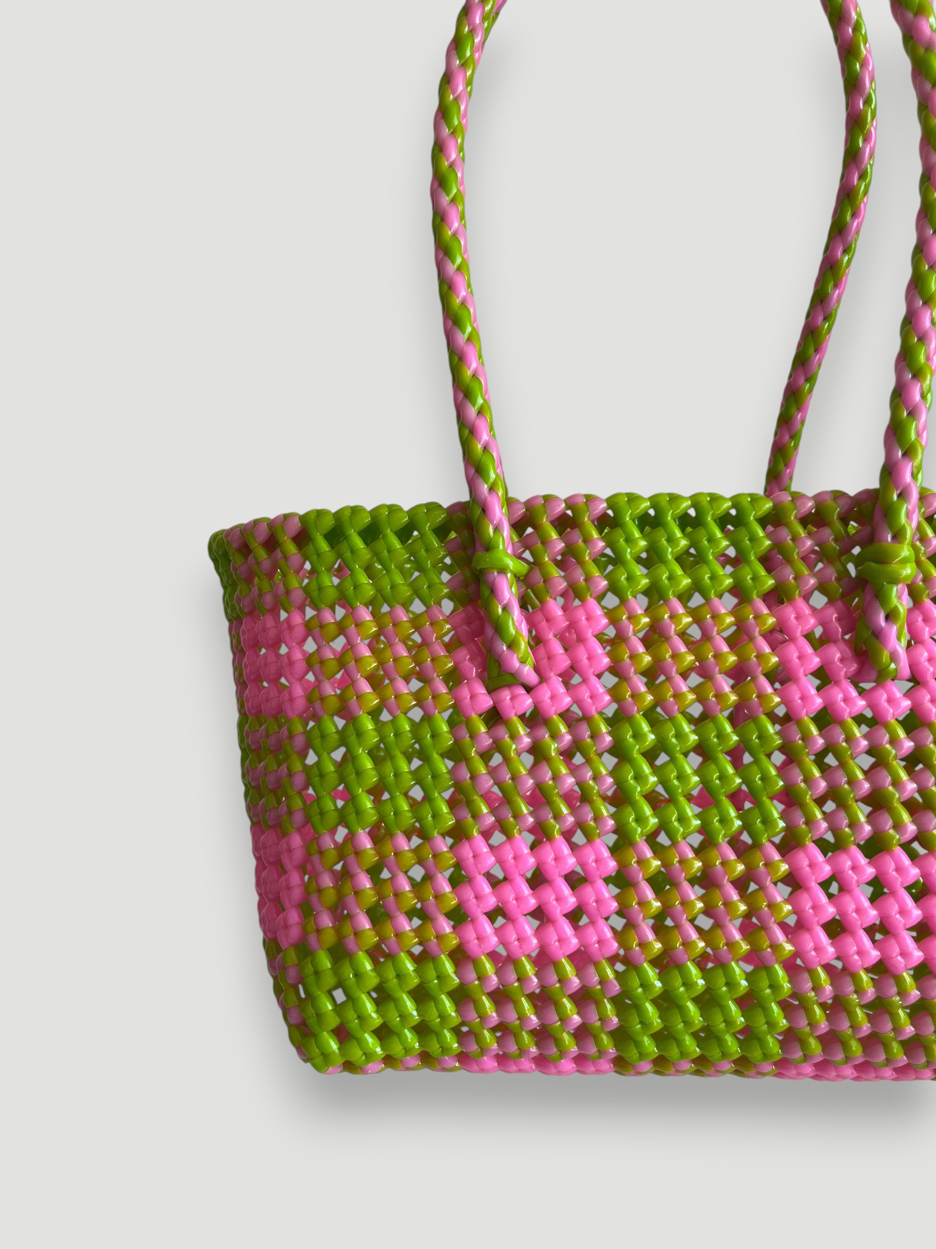 N°21S - SAC PANIER TRESSÉ MAIN - PETIT - rose clair & vert clair
