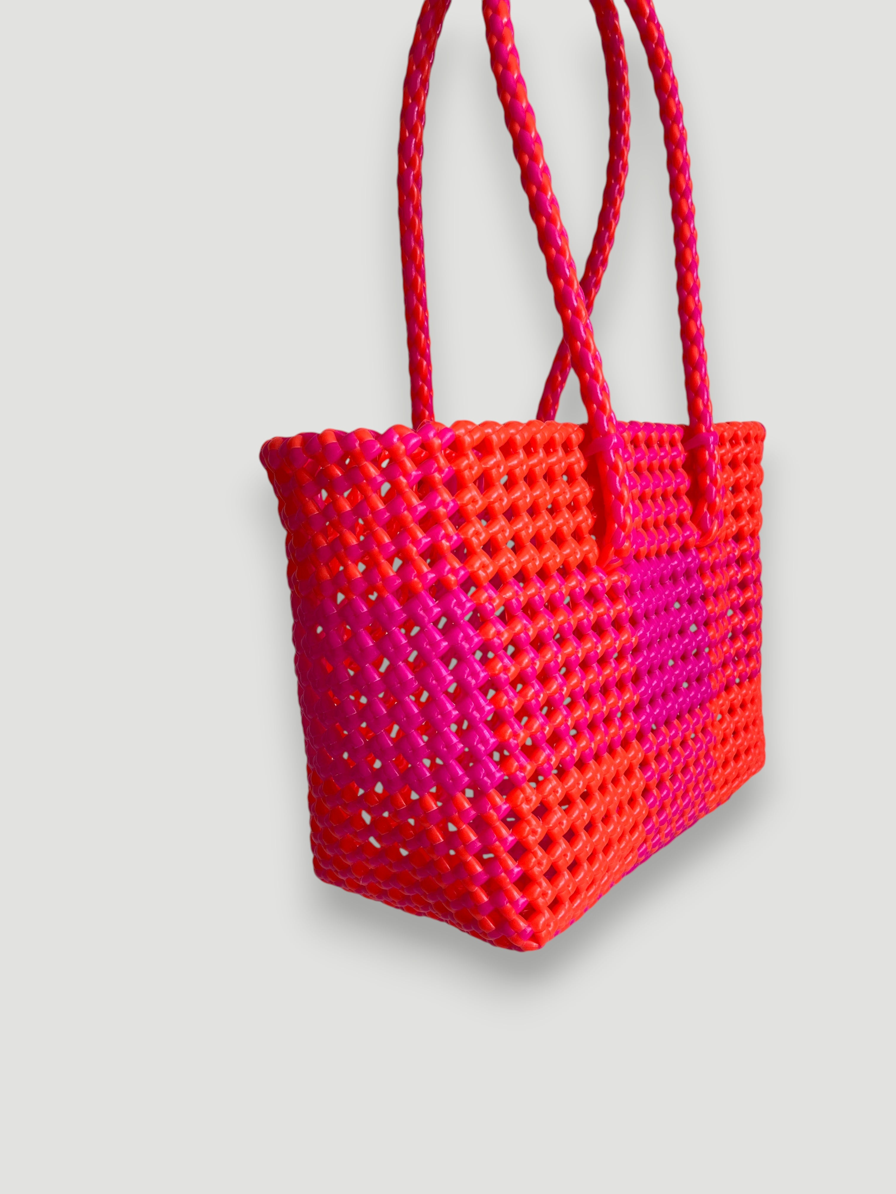 N°222S - SAC PANIER TRESSÉ MAIN - PETIT - orange fluo & rose fluo