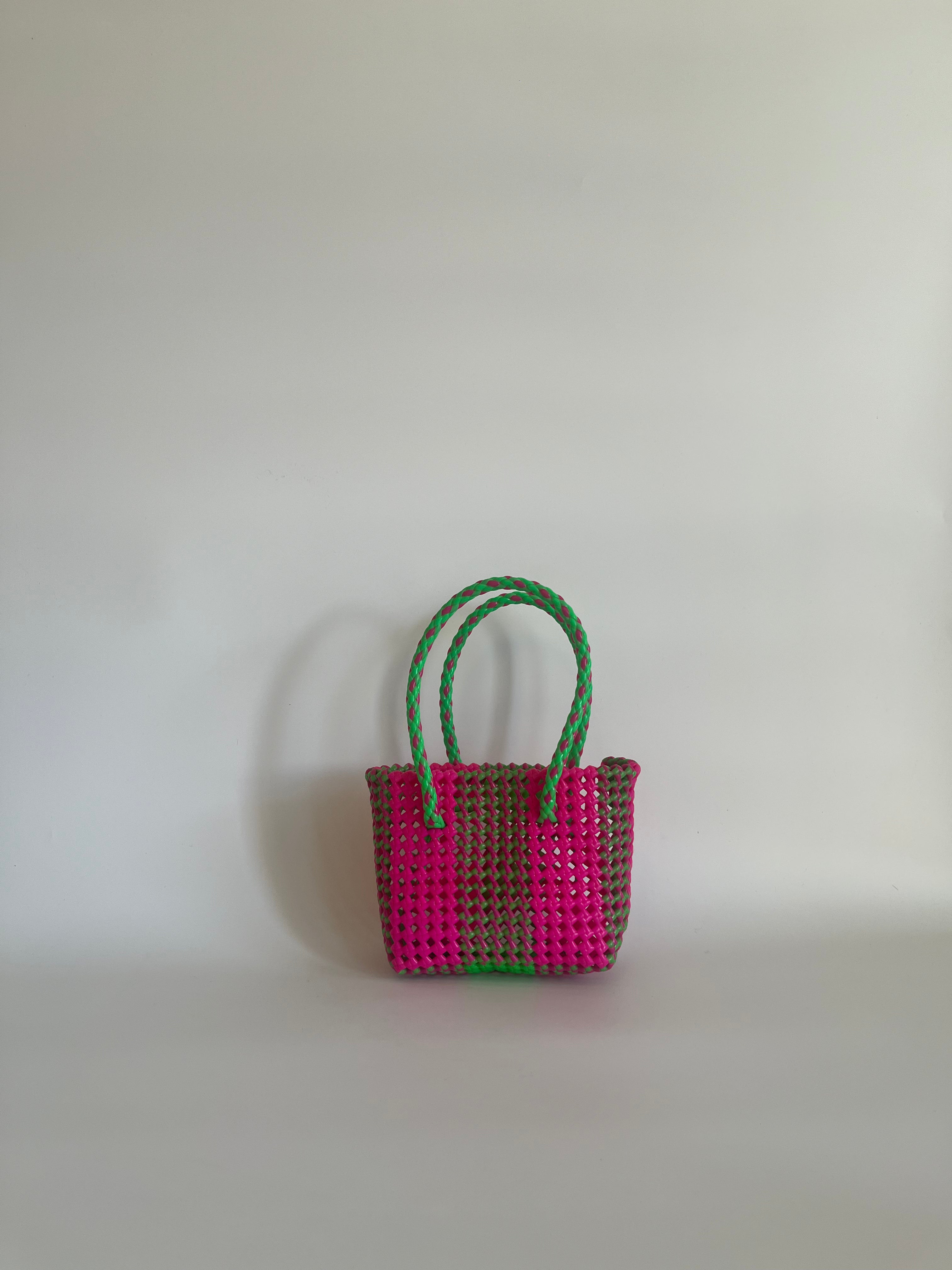 N°20XS bis - SAC PANIER TRESSÉ MAIN - MINI - rose fluo & vert fluo