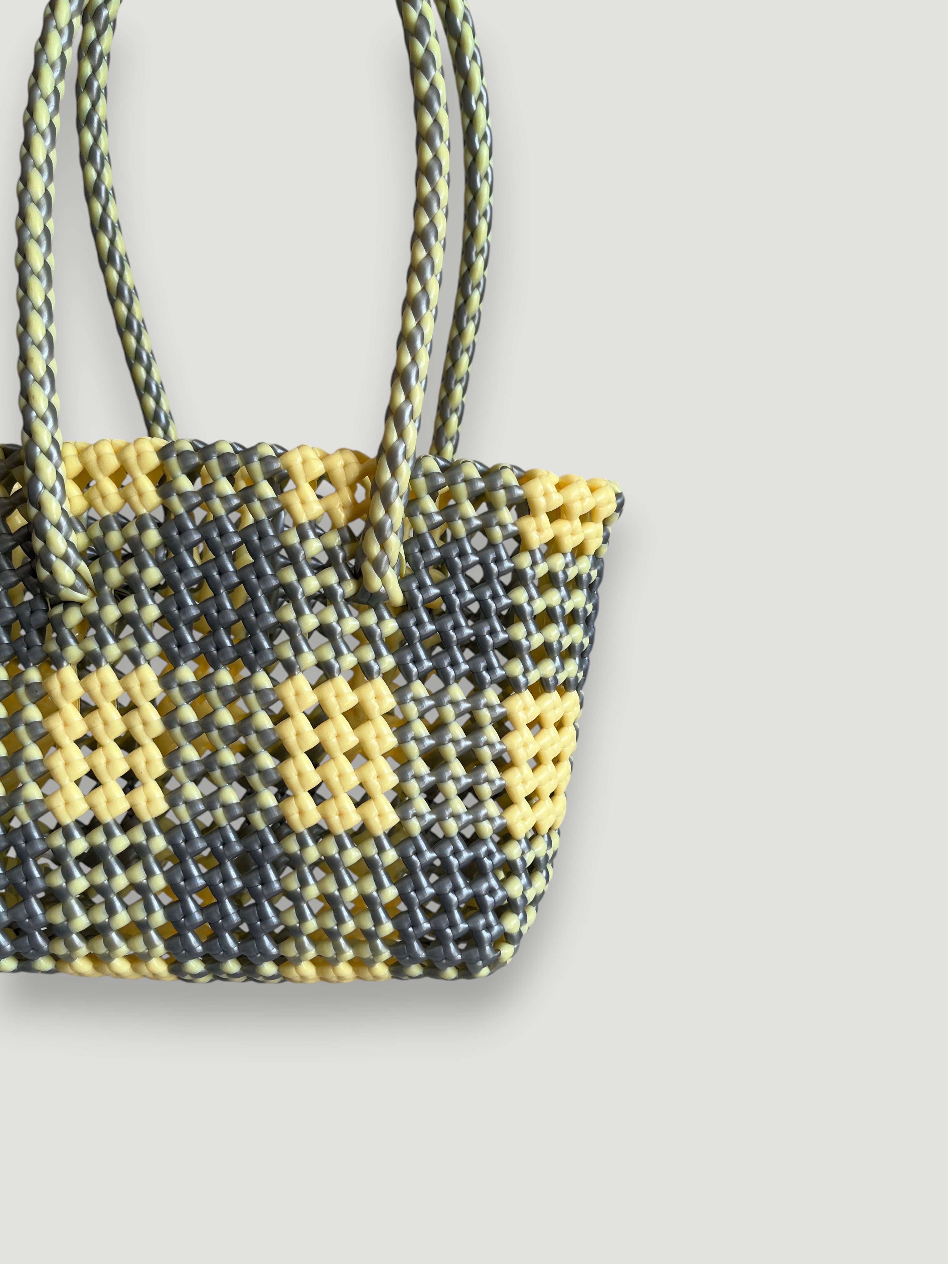 N°348XS - SAC PANIER TRESSÉ MAIN - MINI - argenté & crème
