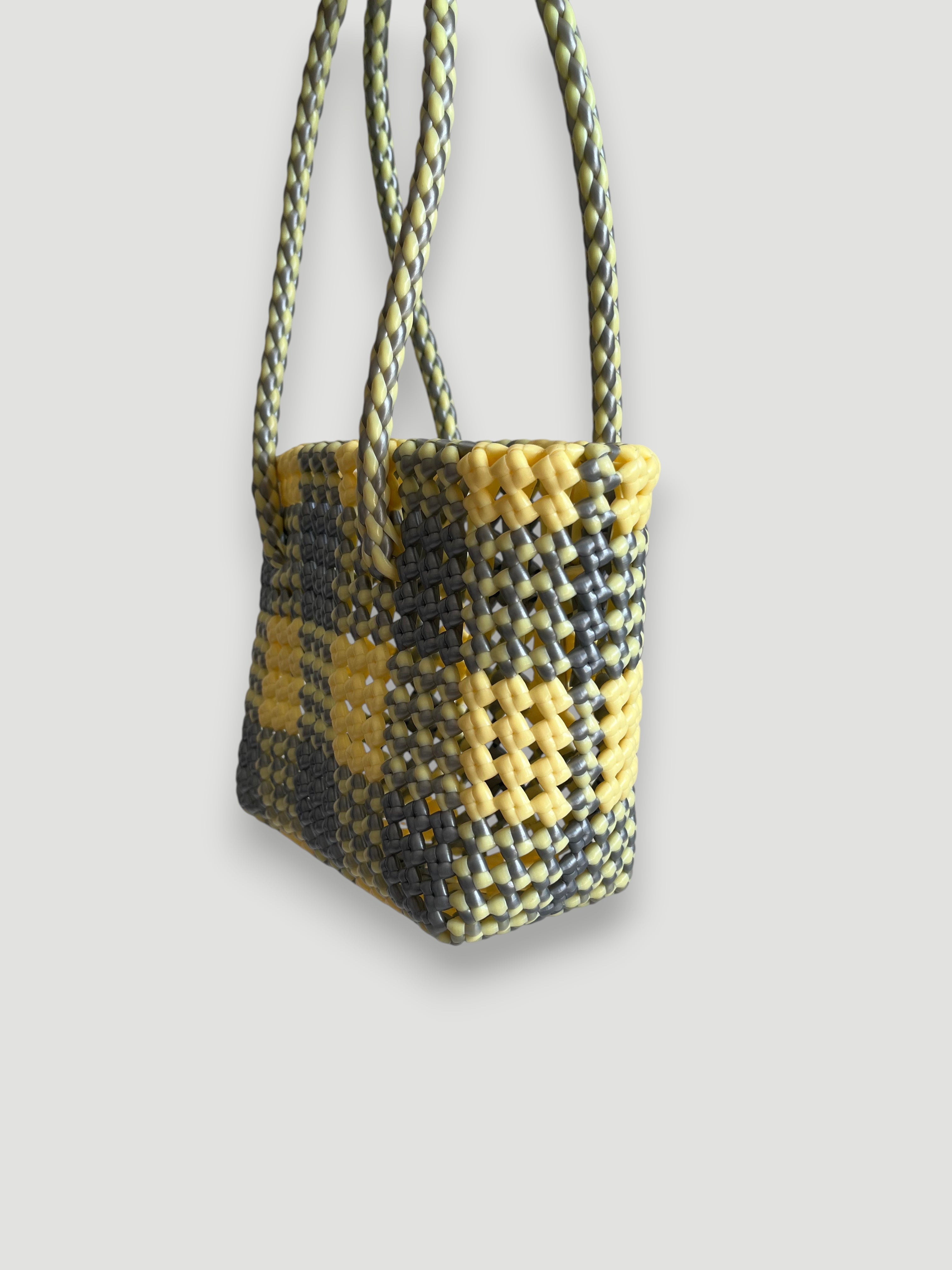 N°348XS - SAC PANIER TRESSÉ MAIN - MINI - argenté & crème