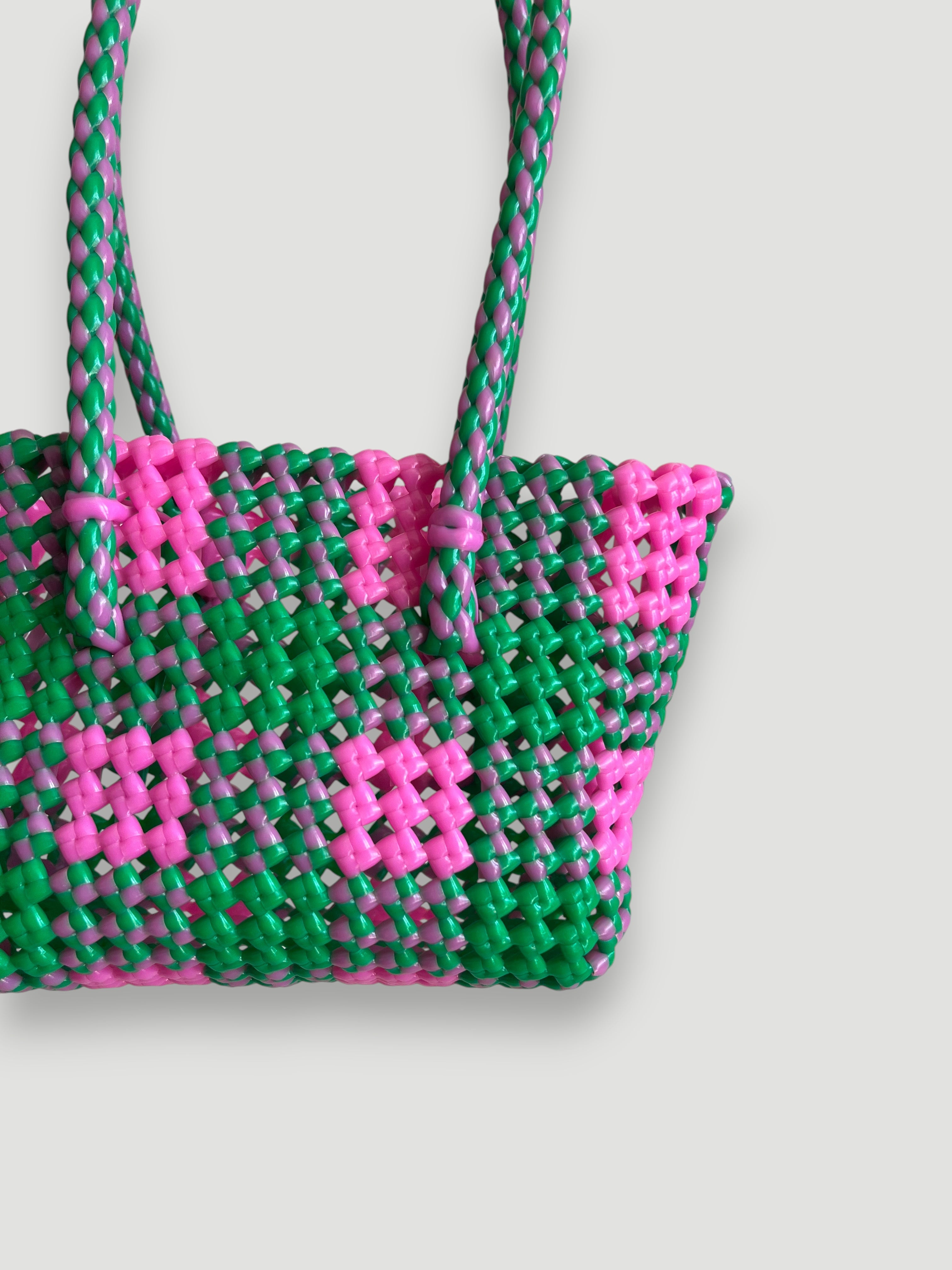 N°19XS - SAC PANIER TRESSÉ MAIN - MINI - rose clair & vert