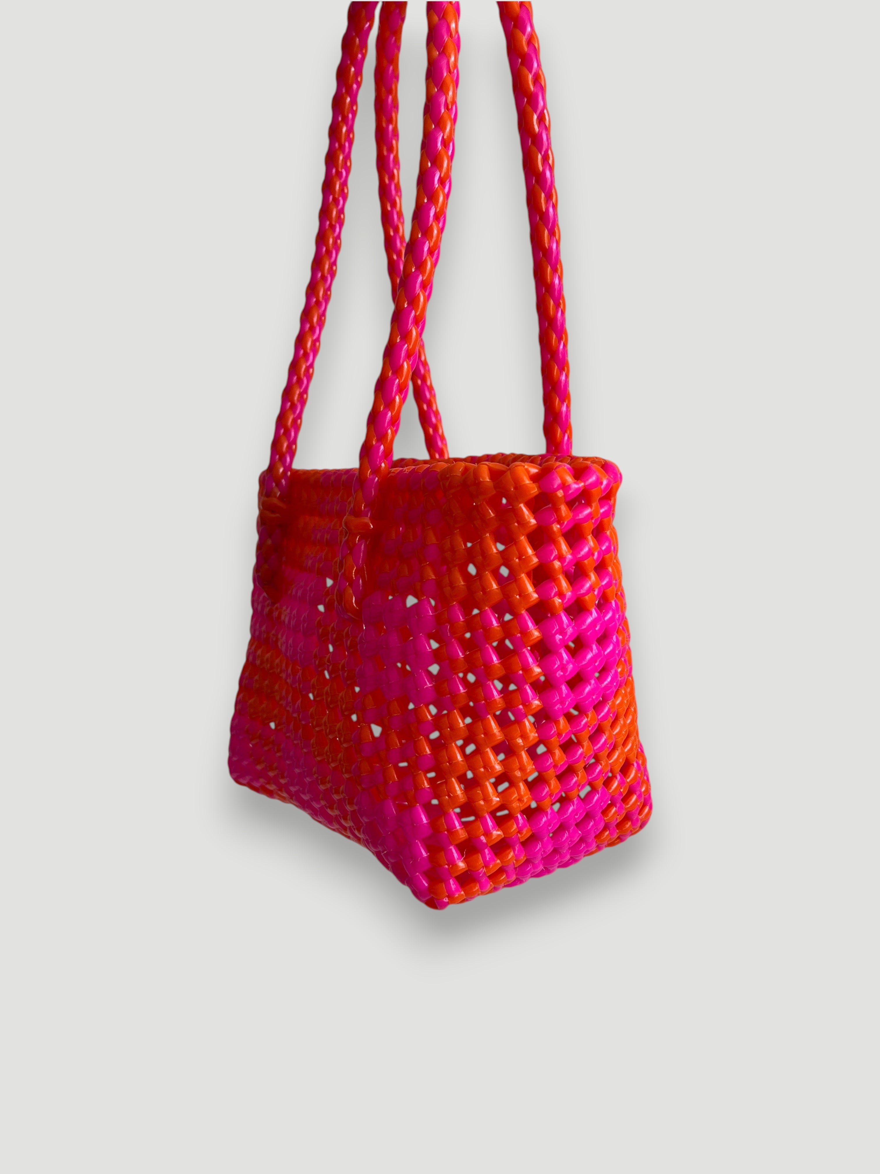 N°113XS - SAC PANIER TRESSÉ MAIN - MINI - rose fluo & orange