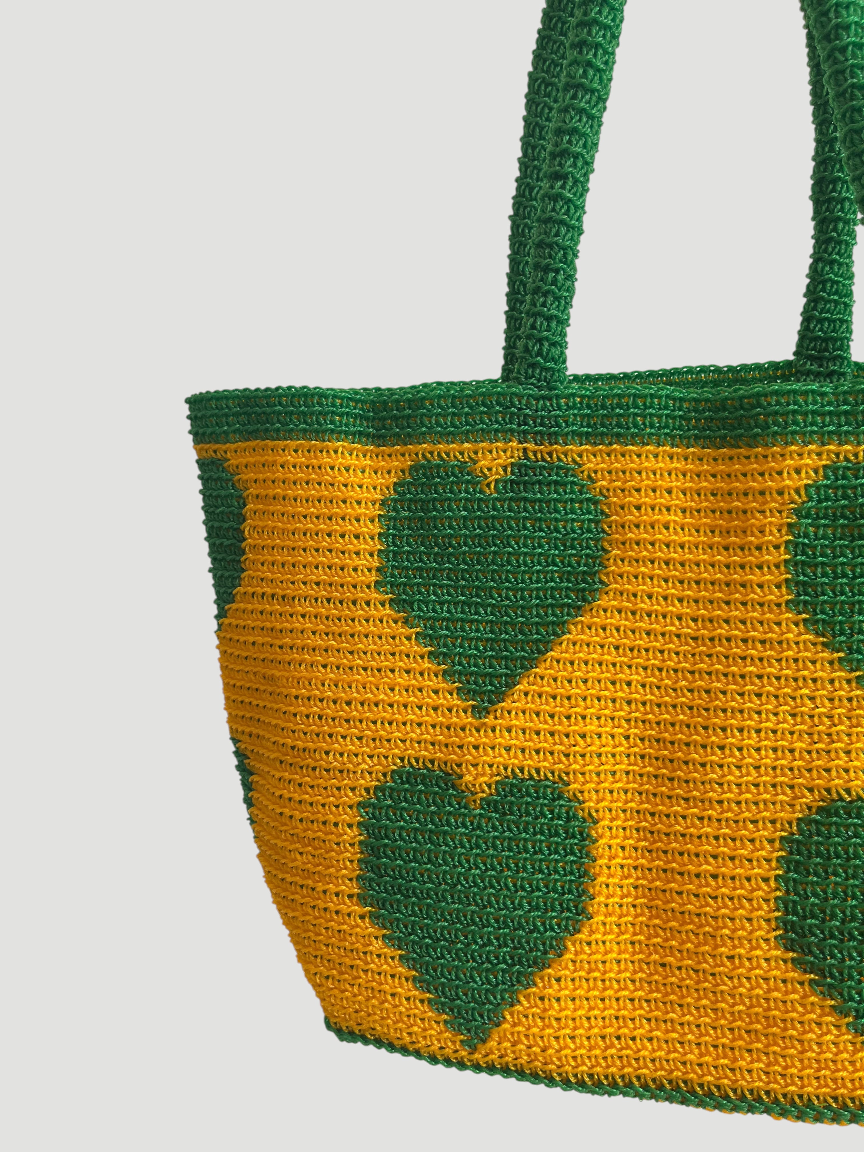 No. 11SC - CROCHET BASKET BAG - MEDIUM - green &amp; yellow