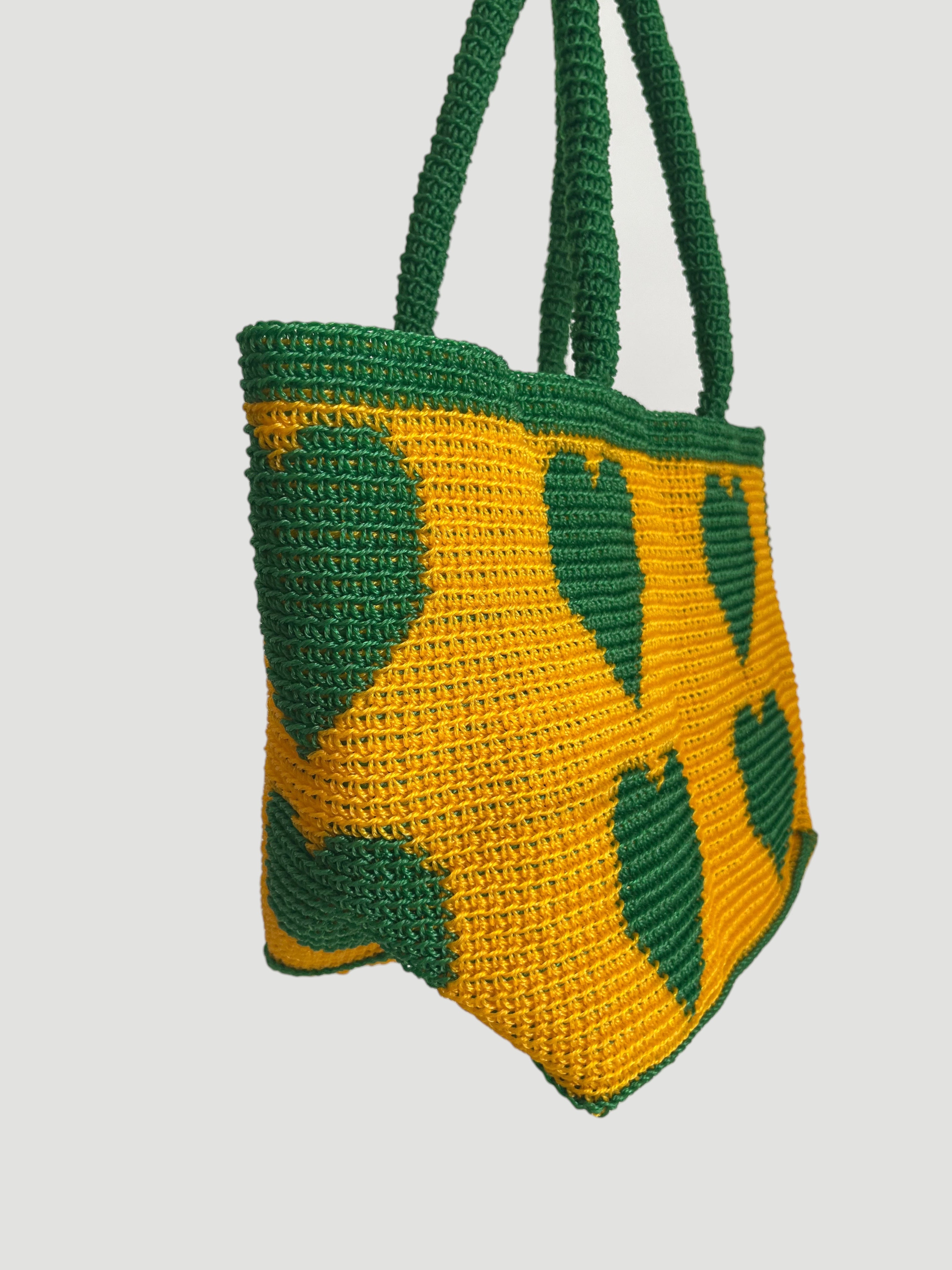 No. 11SC - CROCHET BASKET BAG - MEDIUM - green &amp; yellow