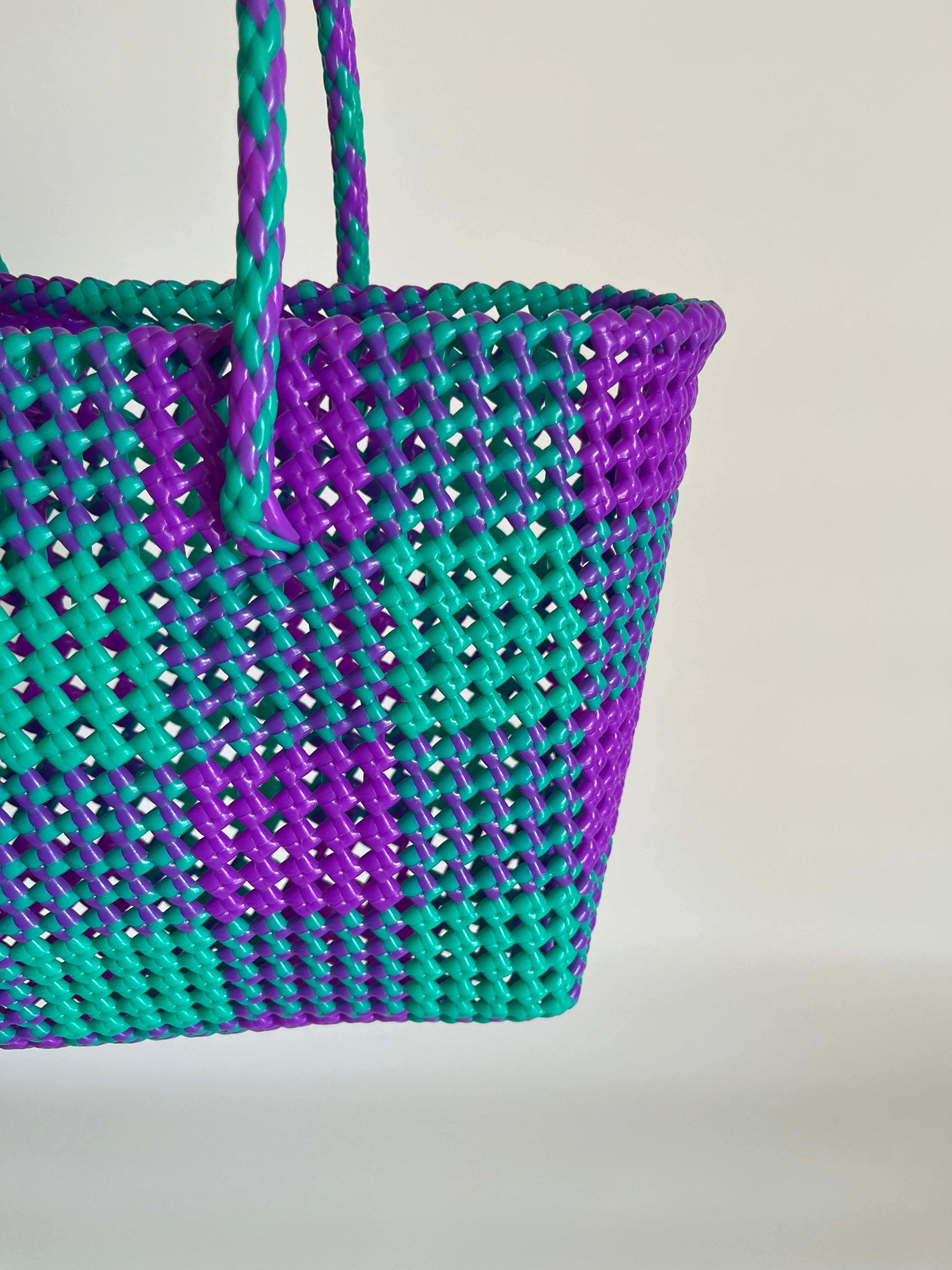 N°3M - SAC PANIER TRESSÉ MAIN - MOYEN - turquoise & violet