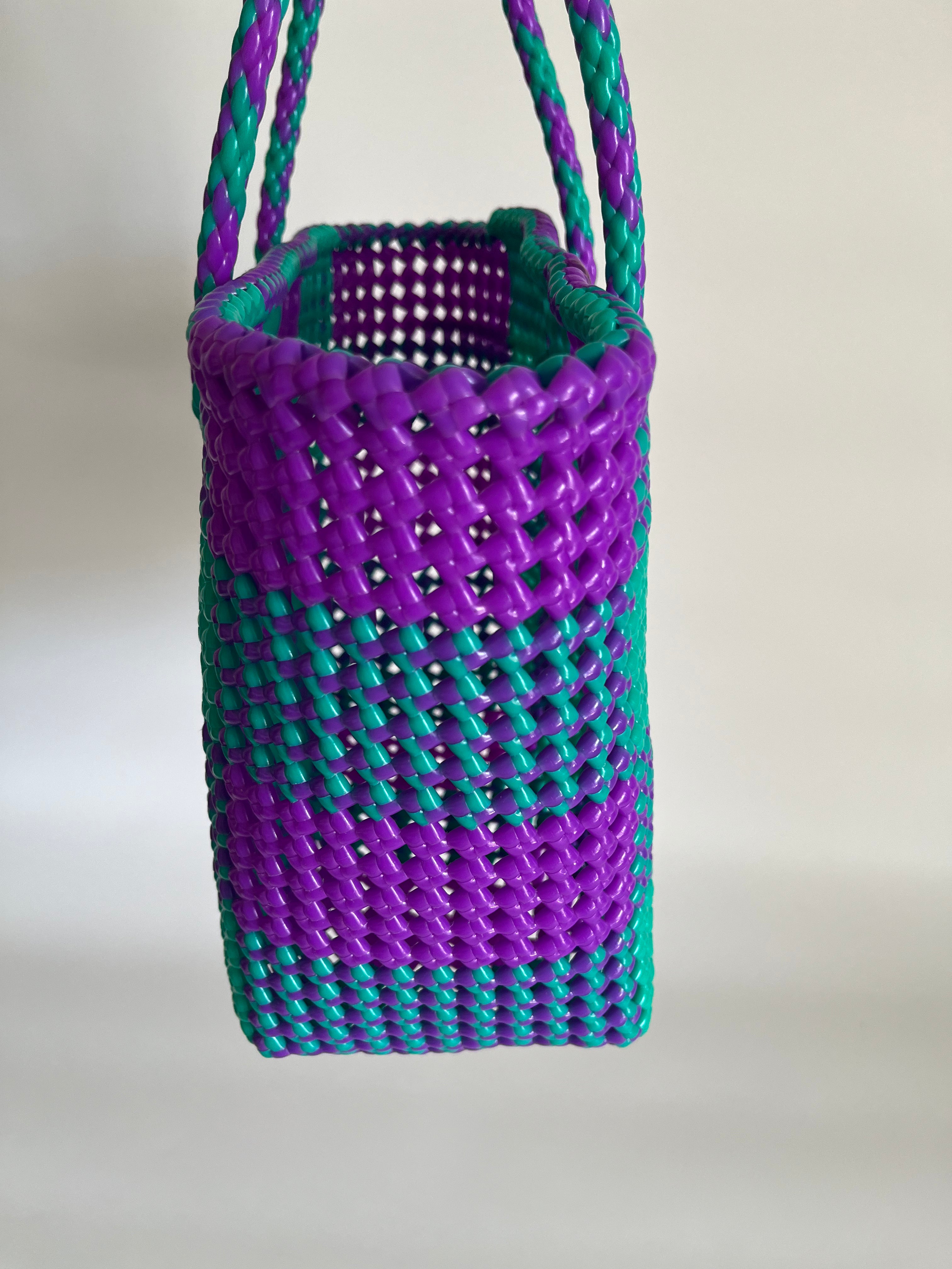 N°3M - SAC PANIER TRESSÉ MAIN - MOYEN - turquoise & violet
